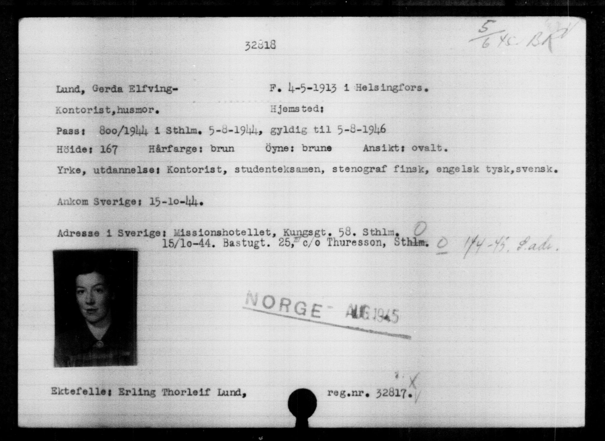 Utenriksstasjonene, Legasjonen i Stockholm, Flyktningkontoret, AV/RA-S-6753/V/Va/L0013: Kjesäterkartoteket, flyktninger med registreringsnr. 31500-34731, 1940-1945, s. 1380