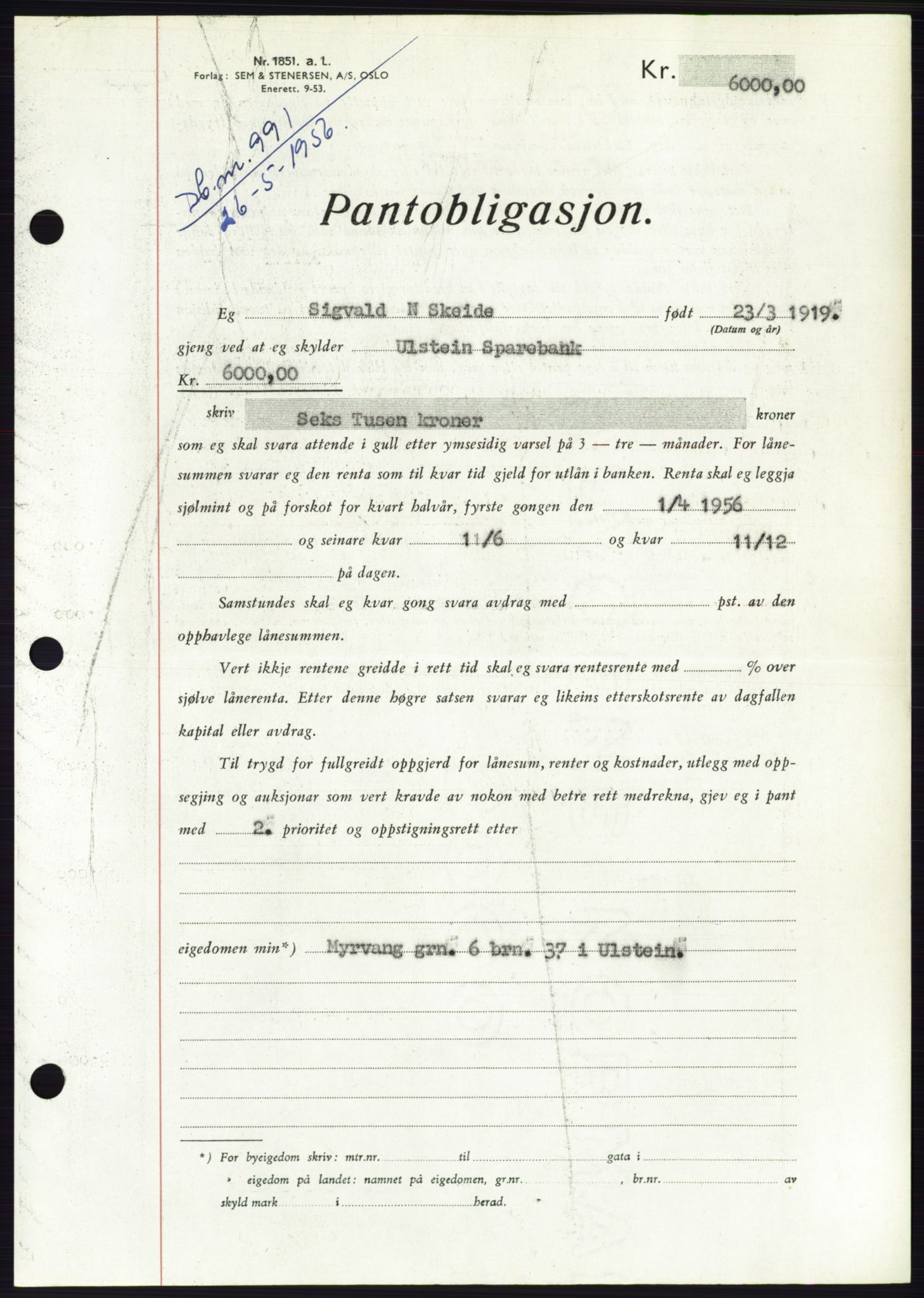 Søre Sunnmøre sorenskriveri, SAT/A-4122/1/2/2C/L0128: Pantebok nr. 16B, 1956-1956, Dagboknr: 991/1956