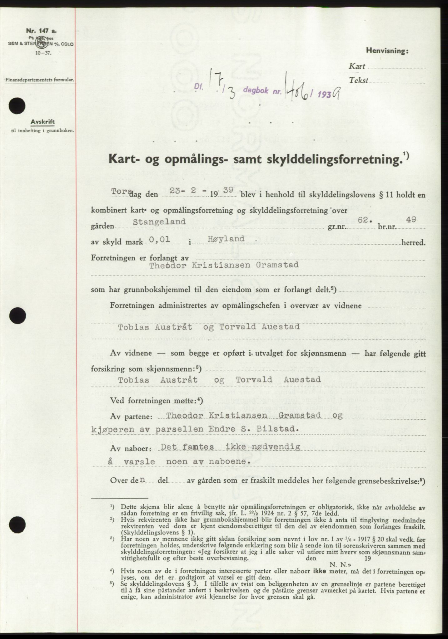 Jæren sorenskriveri, SAST/A-100310/03/G/Gba/L0073: Pantebok, 1939-1939, Dagboknr: 1406/1939