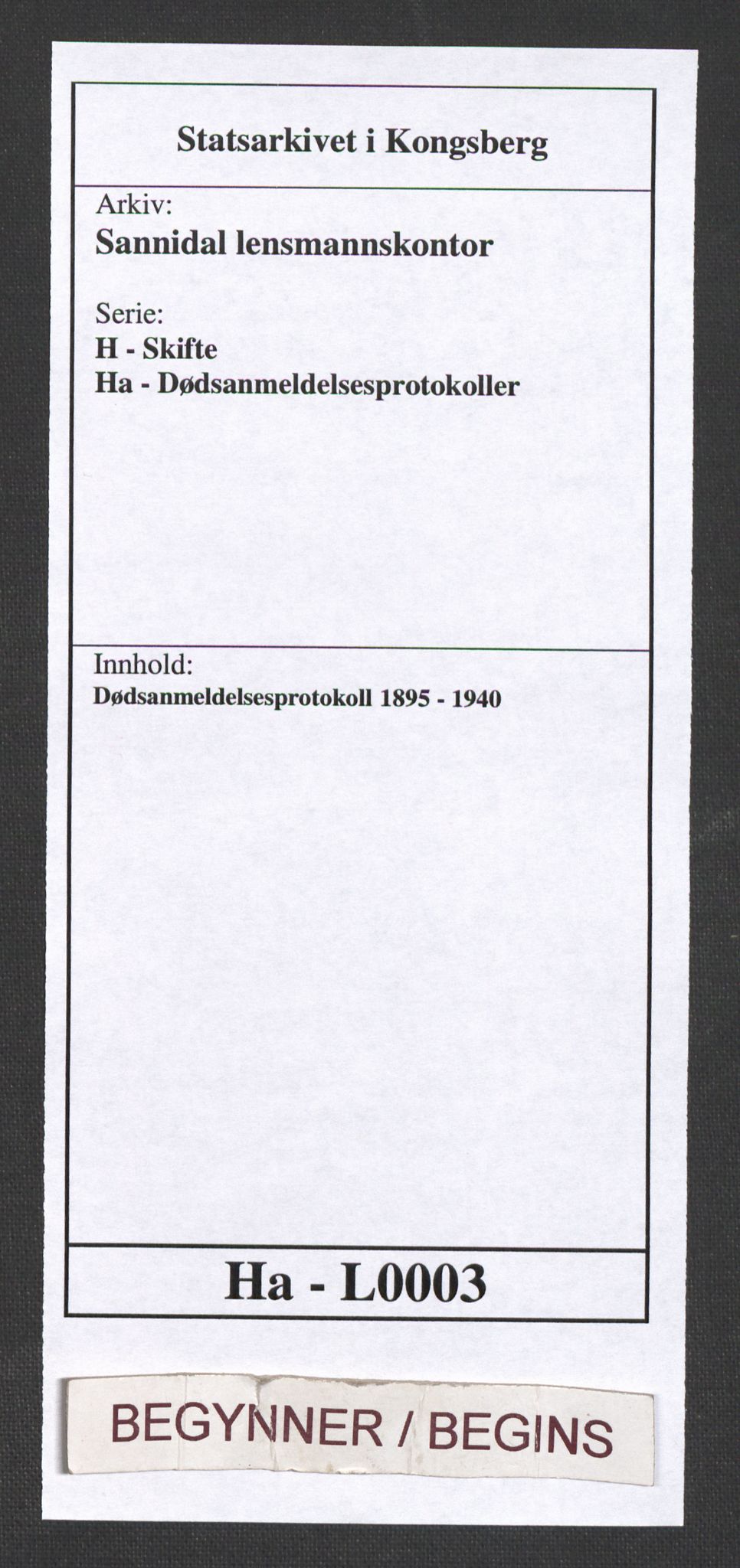 Sannidal lensmannskontor, SAKO/A-569/H/Ha/L0003: Dødsanmeldelsesprotokoll, 1895-1940