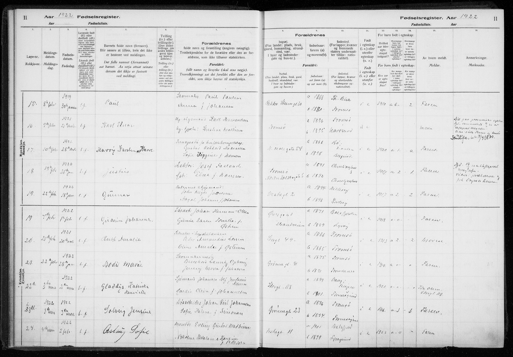 Tromsø sokneprestkontor/stiftsprosti/domprosti, AV/SATØ-S-1343/H/Ha/L0132: Fødselsregister nr. 132, 1921-1927, s. 11