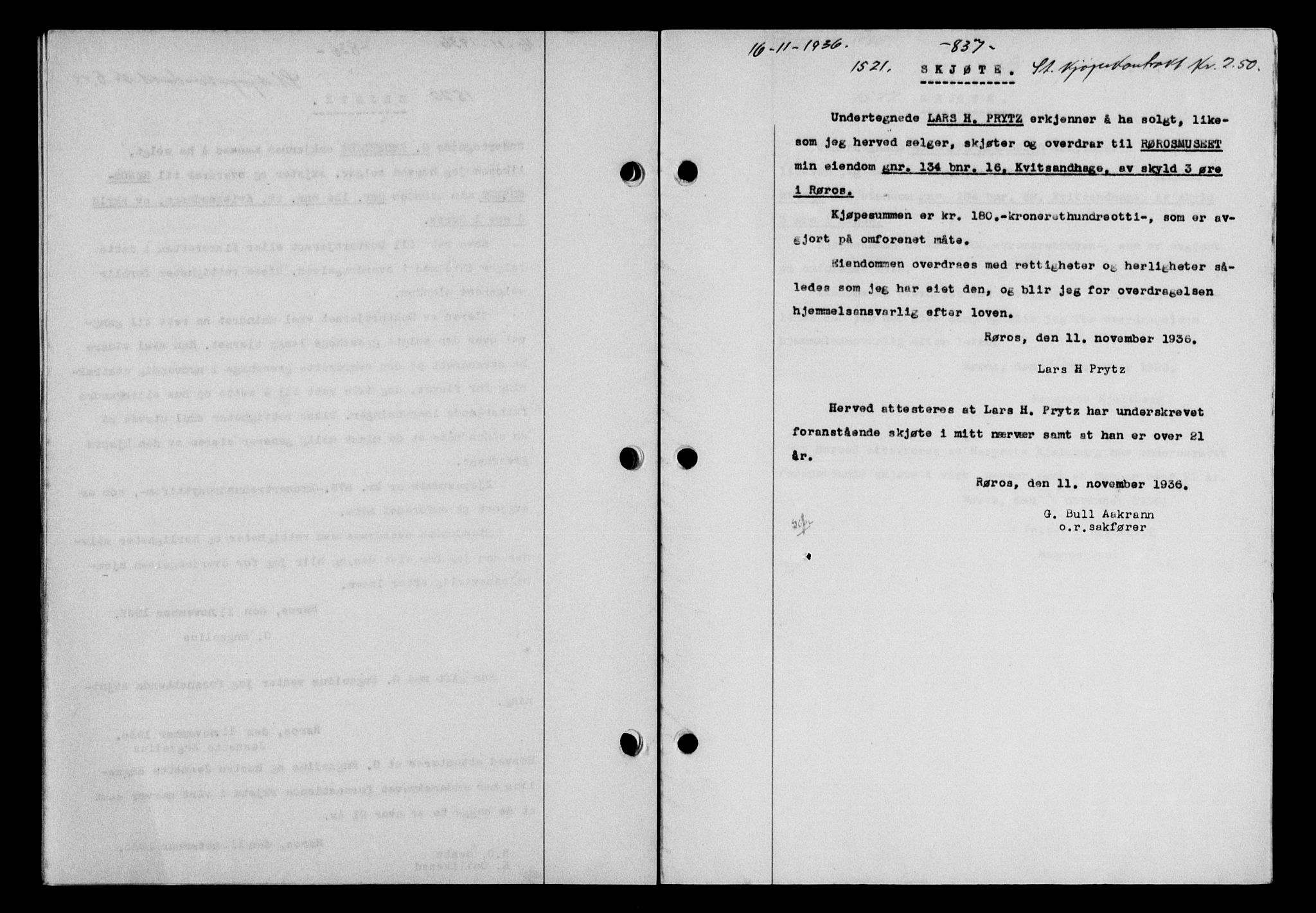 Gauldal sorenskriveri, SAT/A-0014/1/2/2C/L0046: Pantebok nr. 49-50, 1936-1937, Dagboknr: 1521/1936