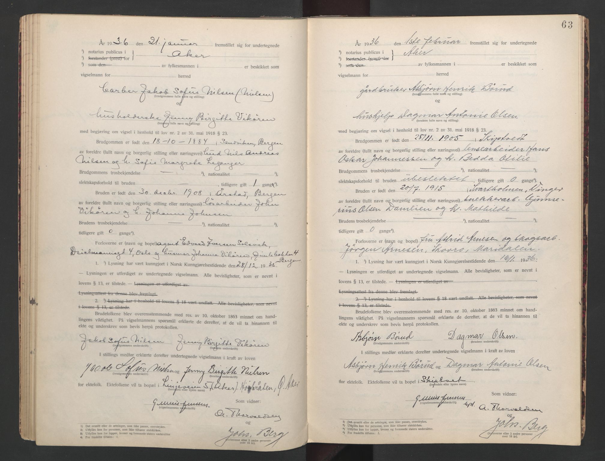 Aker sorenskriveri, AV/SAO-A-10895/L/Lc/Lcb/L0008: Vigselprotokoll, 1935-1936, s. 63