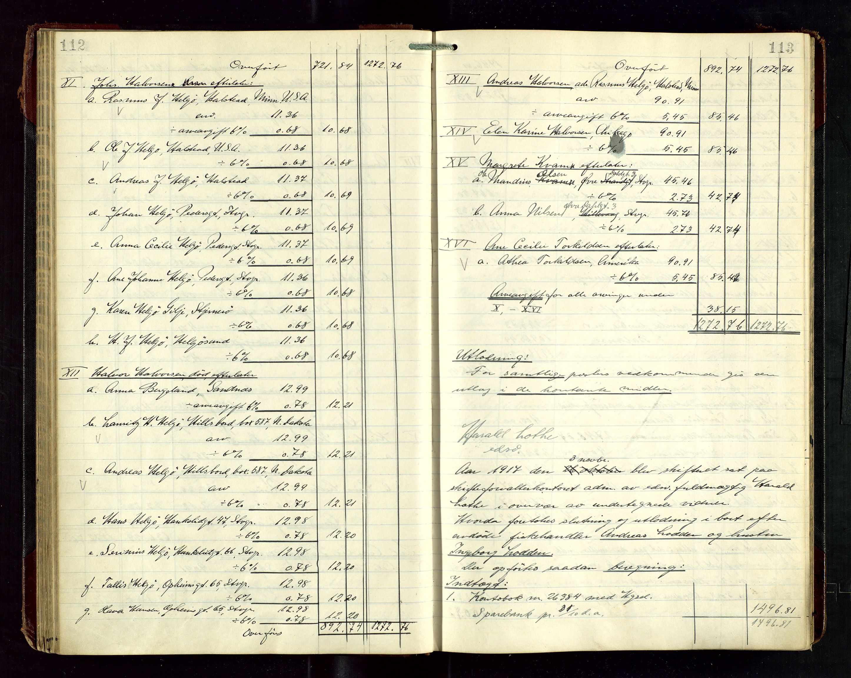 Haugesund tingrett, AV/SAST-A-101415/01/IV/IVD/L0003: Skifteutlodningsprotokoll, med register, 1915-1924, s. 112-113