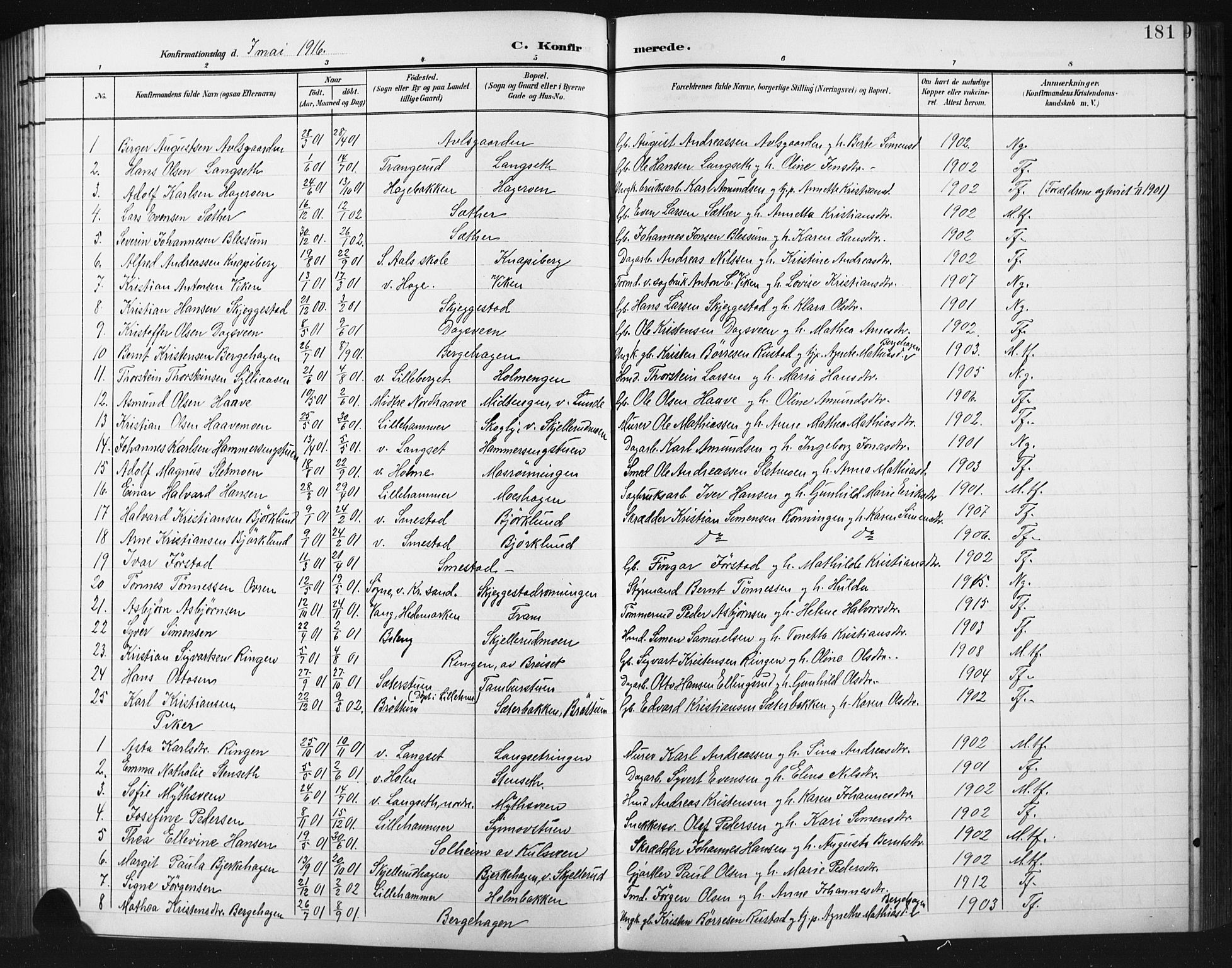 Fåberg prestekontor, AV/SAH-PREST-086/H/Ha/Hab/L0012: Klokkerbok nr. 12, 1903-1924, s. 181