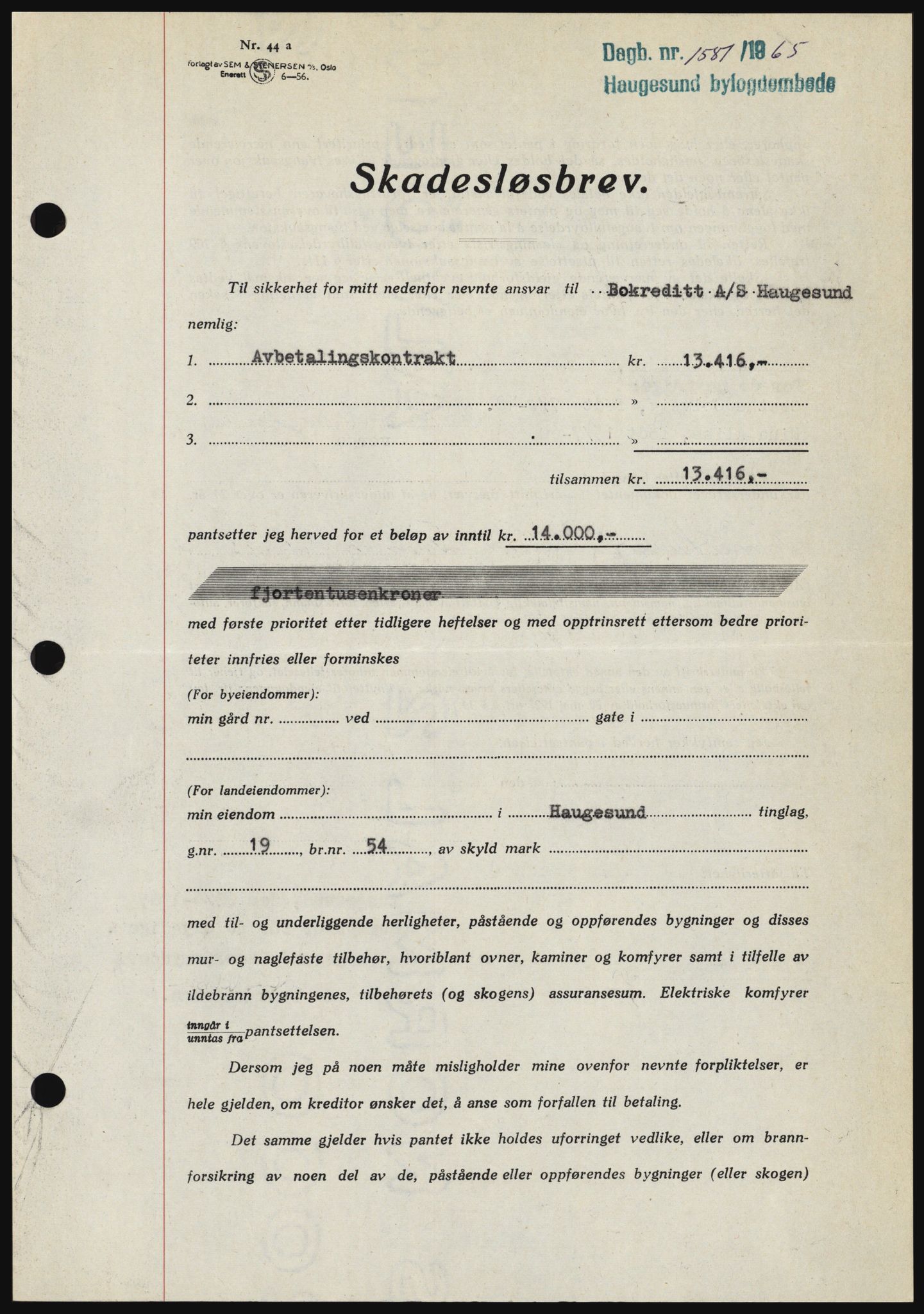 Haugesund tingrett, SAST/A-101415/01/II/IIC/L0053: Pantebok nr. B 53, 1965-1965, Dagboknr: 1581/1965