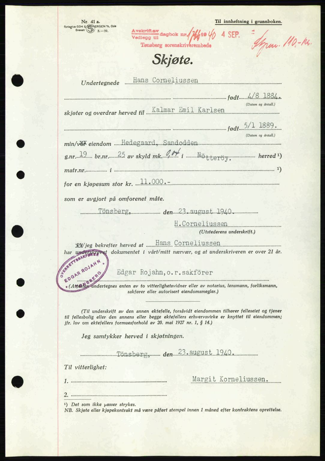 Tønsberg sorenskriveri, AV/SAKO-A-130/G/Ga/Gaa/L0009: Pantebok nr. A9, 1940-1941, Dagboknr: 1766/1940