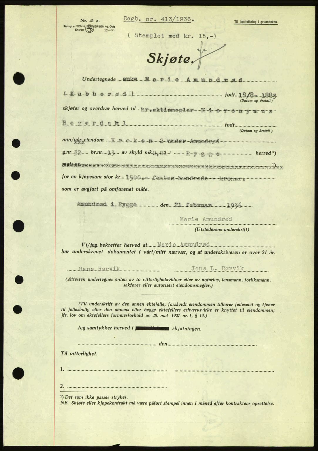 Moss sorenskriveri, SAO/A-10168: Pantebok nr. A1, 1936-1936, Dagboknr: 413/1936