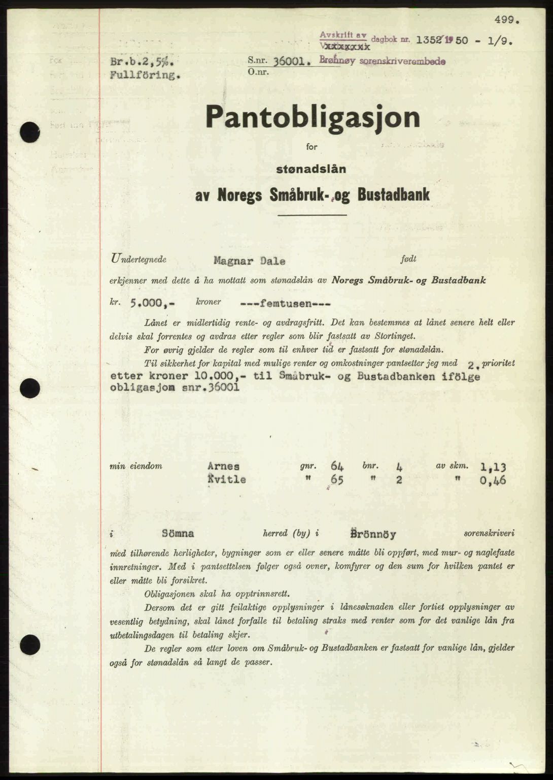 Brønnøy sorenskriveri, SAT/A-4170/1/2/2C: Pantebok nr. 36, 1950-1950, Dagboknr: 1352/1950