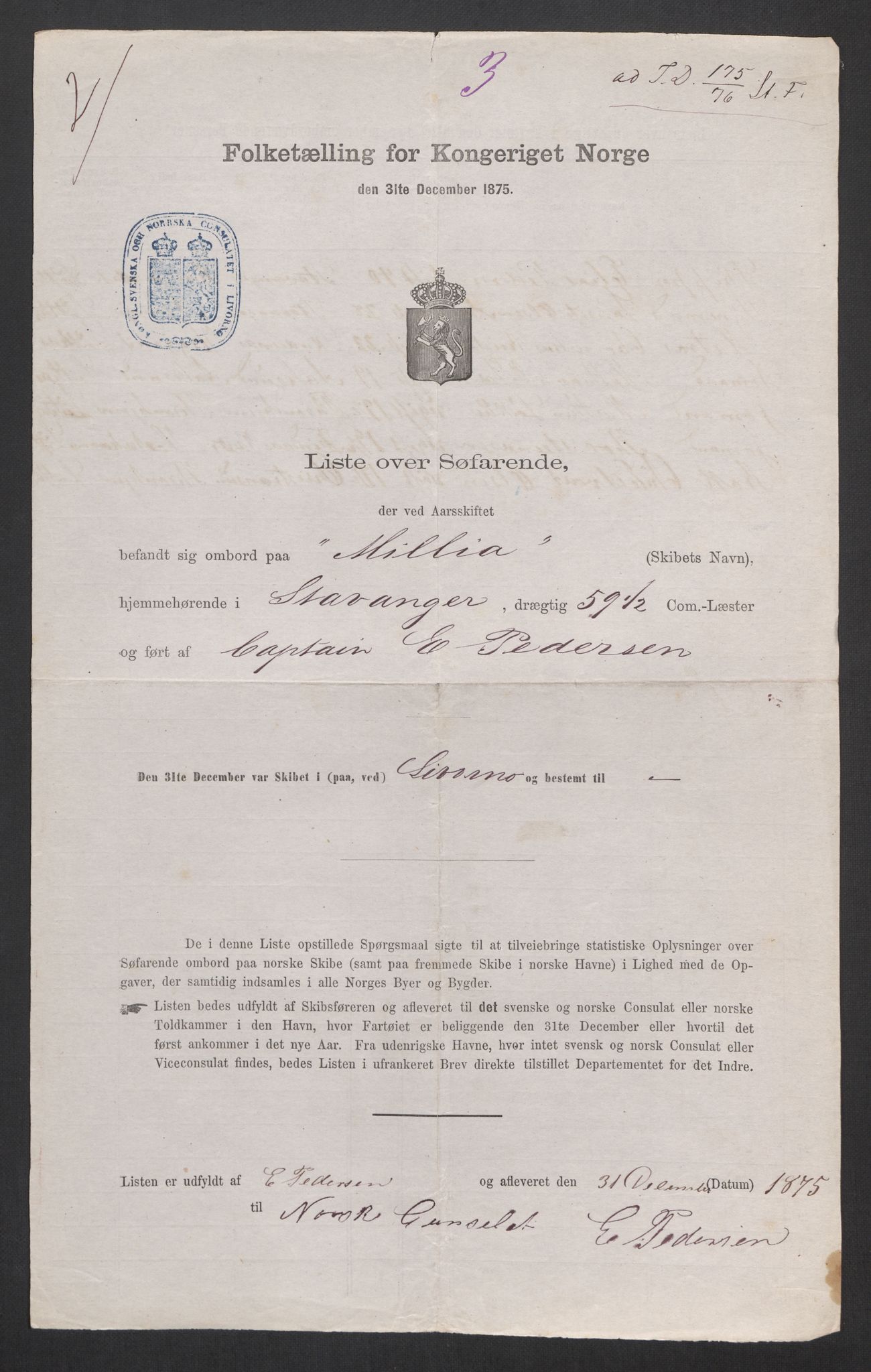 RA, Folketelling 1875, skipslister: Skip i utenrikske havner, hjemmehørende i 1) byer og ladesteder, Grimstad - Tromsø, 2) landdistrikter, 1875, s. 422