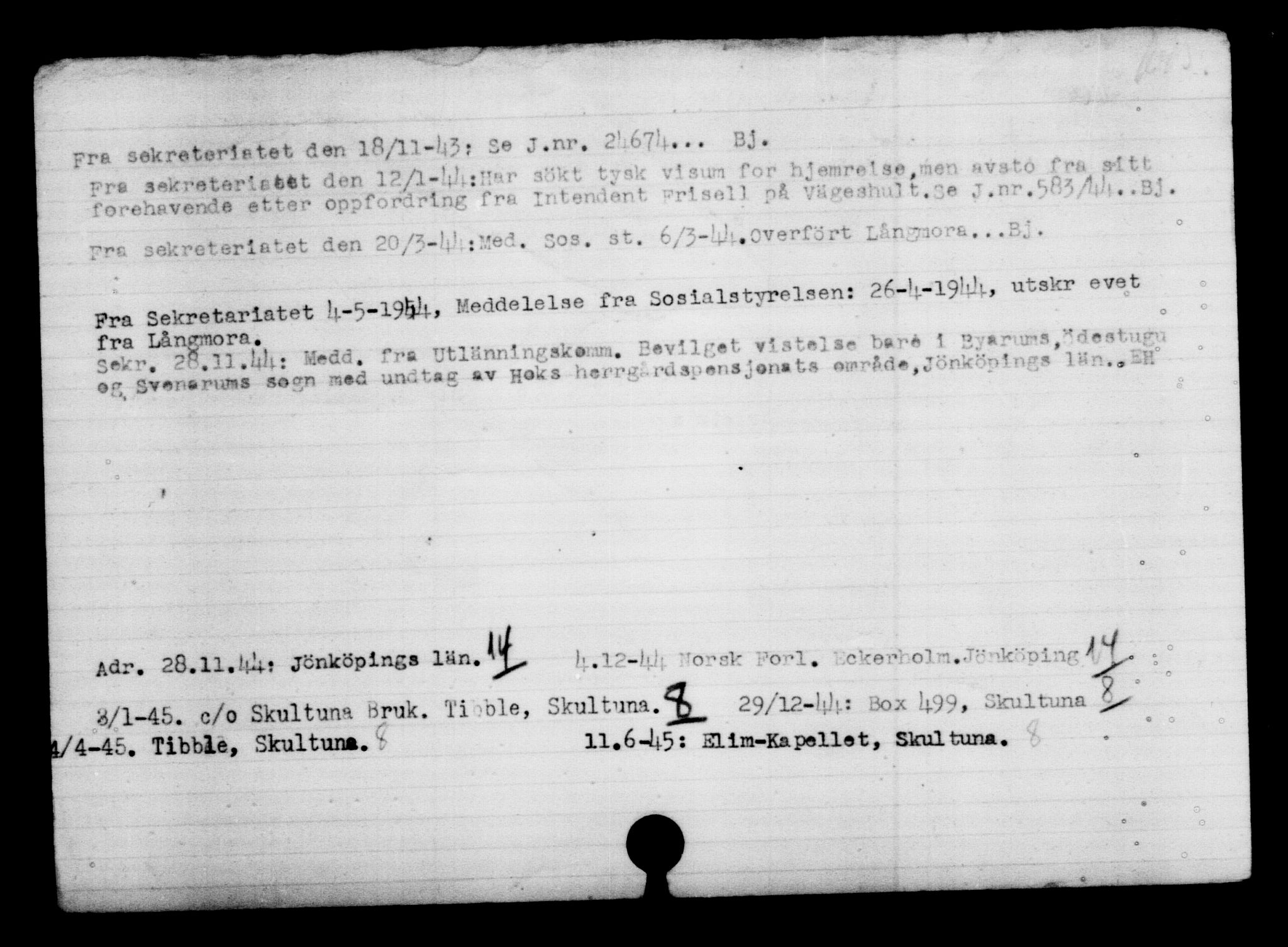Utenriksstasjonene, Legasjonen i Stockholm, Flyktningkontoret, AV/RA-S-6753/V/Va/L0005: Kjesäterkartoteket, flyktning nr. 6600-9417, 1940-1945, s. 215
