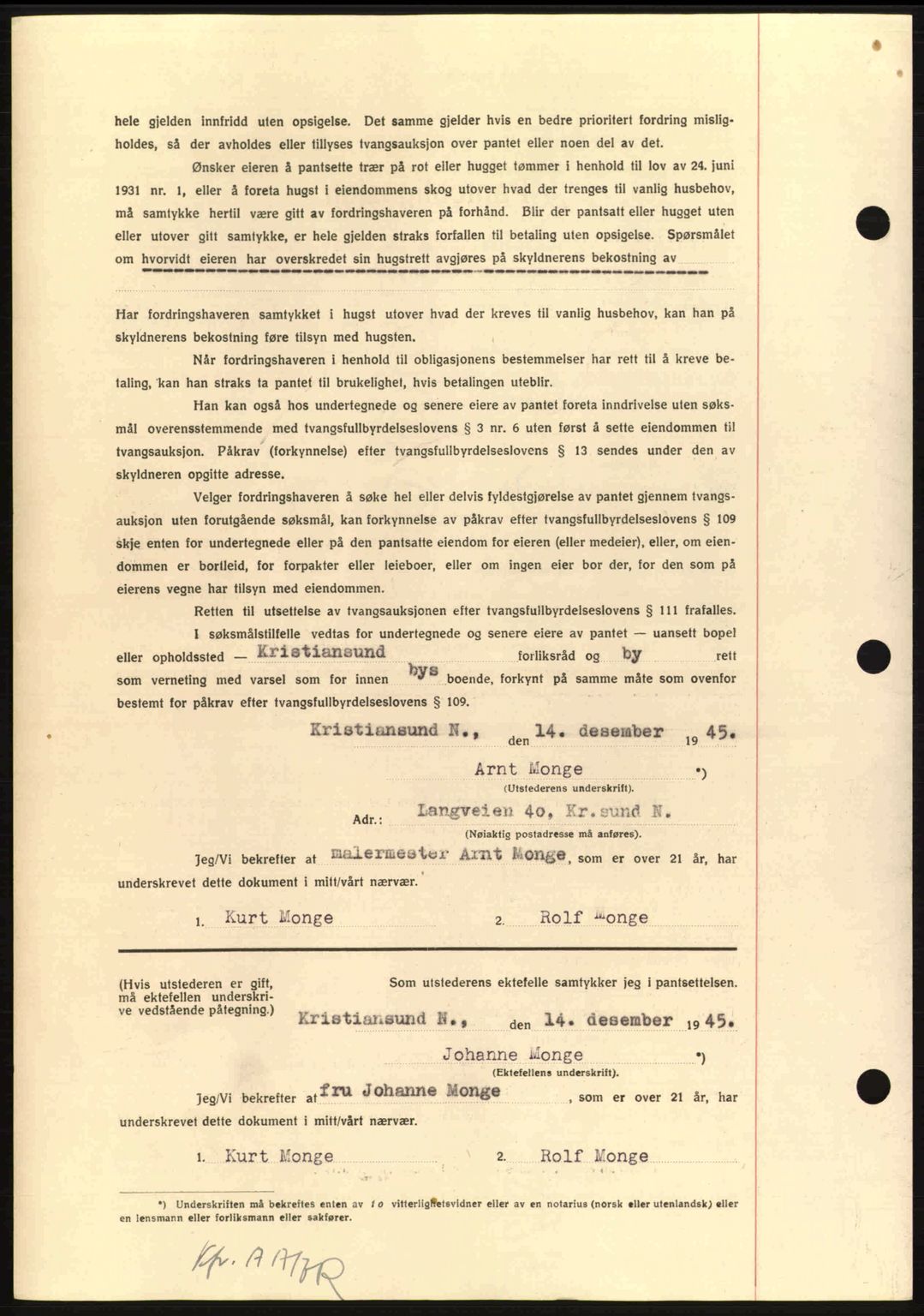 Nordmøre sorenskriveri, AV/SAT-A-4132/1/2/2Ca: Pantebok nr. B93a, 1945-1945, Dagboknr: 1832/1945