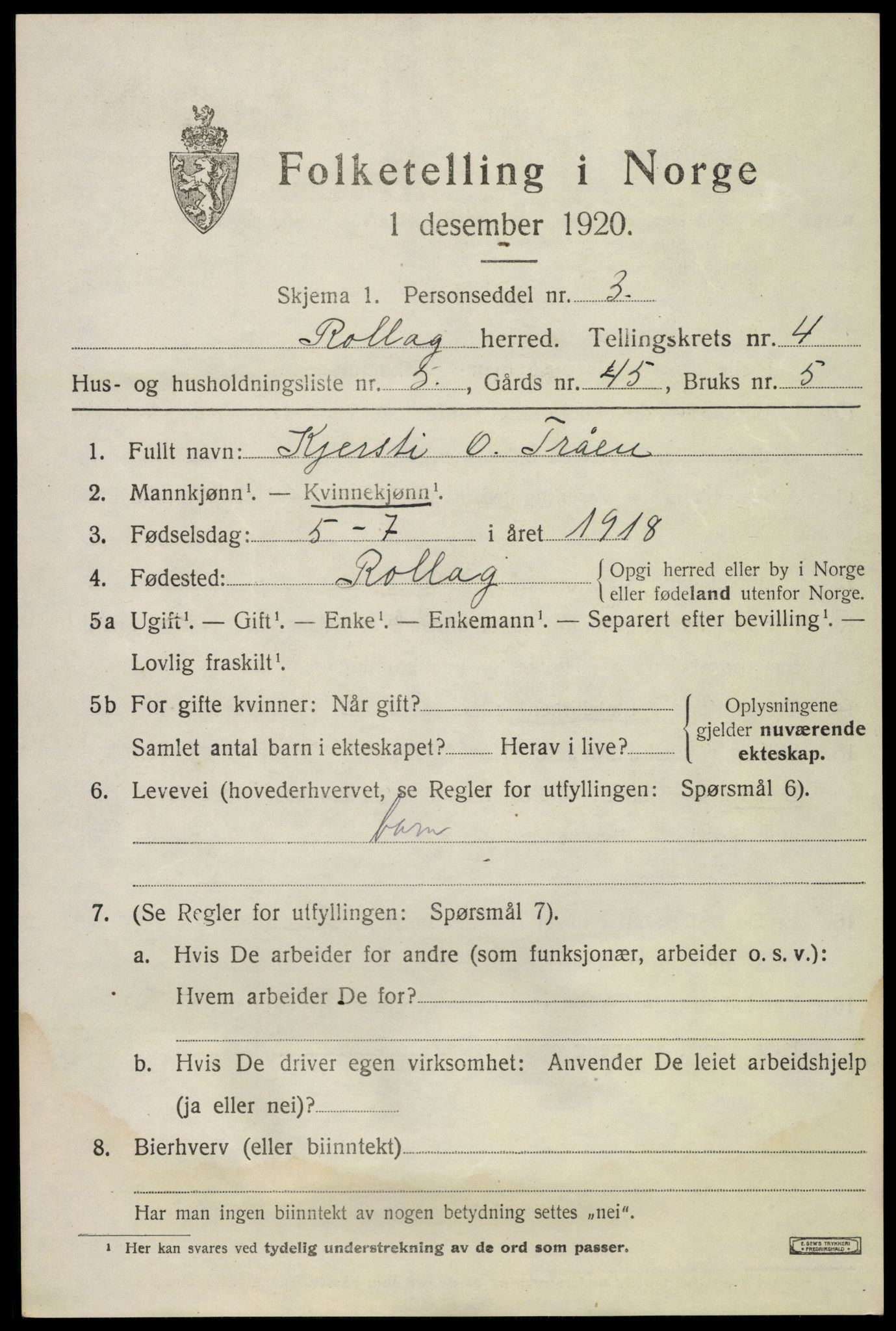 SAKO, Folketelling 1920 for 0632 Rollag herred, 1920, s. 1958