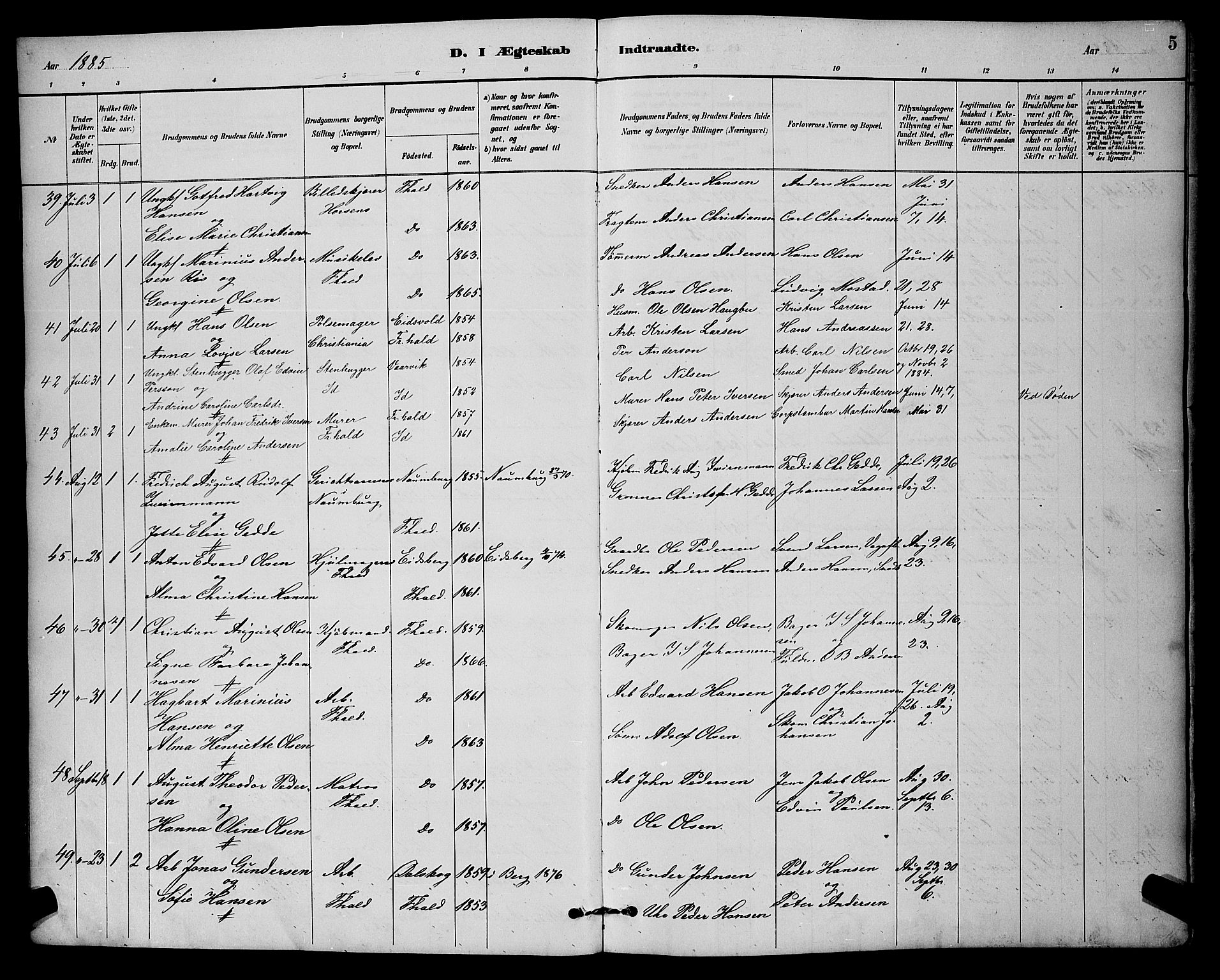 Halden prestekontor Kirkebøker, AV/SAO-A-10909/G/Ga/L0009: Klokkerbok nr. 9, 1885-1908, s. 5