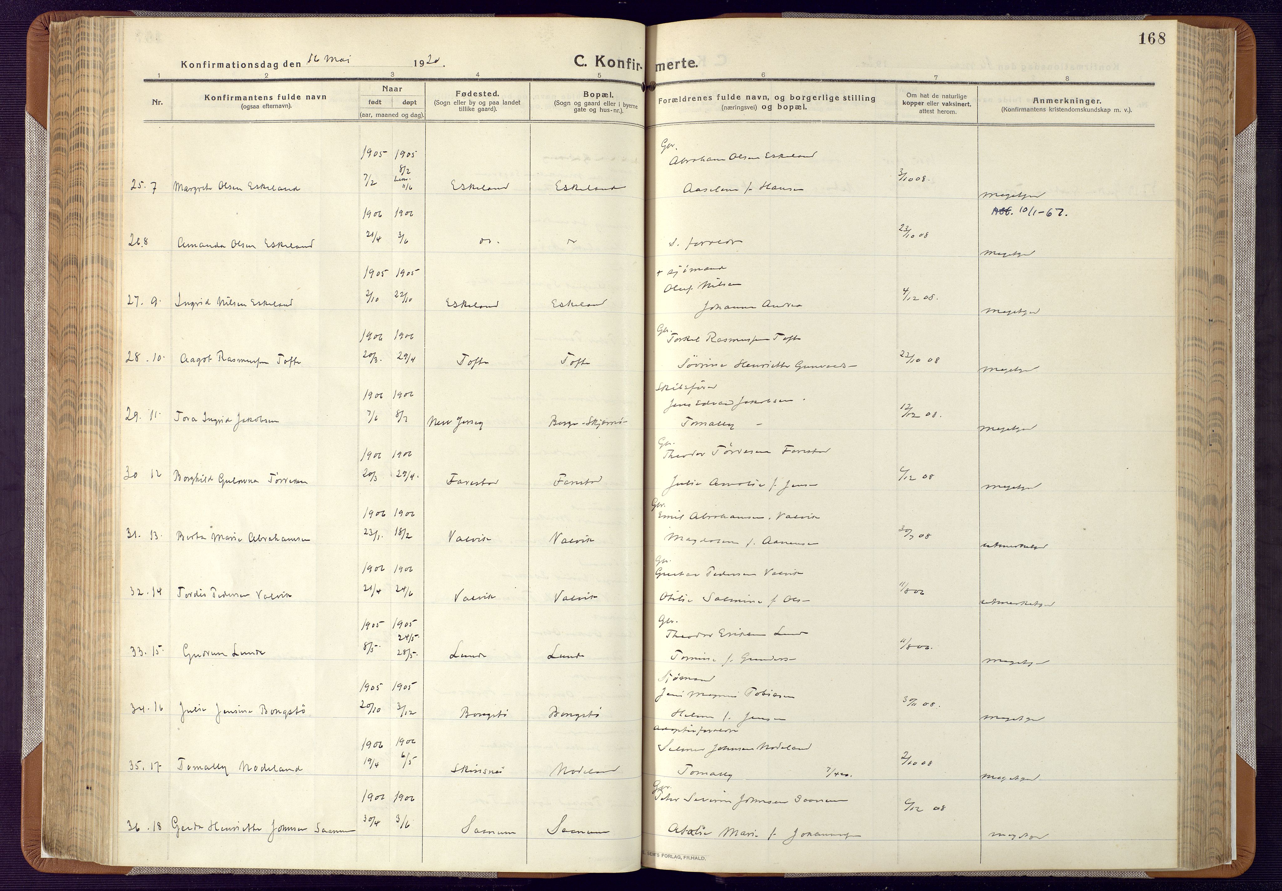 Mandal sokneprestkontor, AV/SAK-1111-0030/F/Fa/Faa/L0022: Ministerialbok nr. A 22, 1913-1925, s. 168