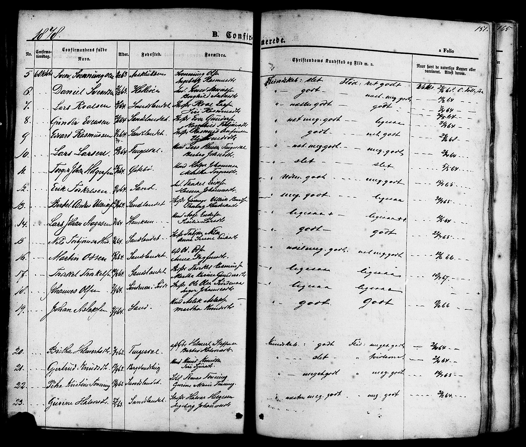Sand sokneprestkontor, AV/SAST-A-101848/01/III/L0003: Ministerialbok nr. A 3, 1854-1879, s. 151