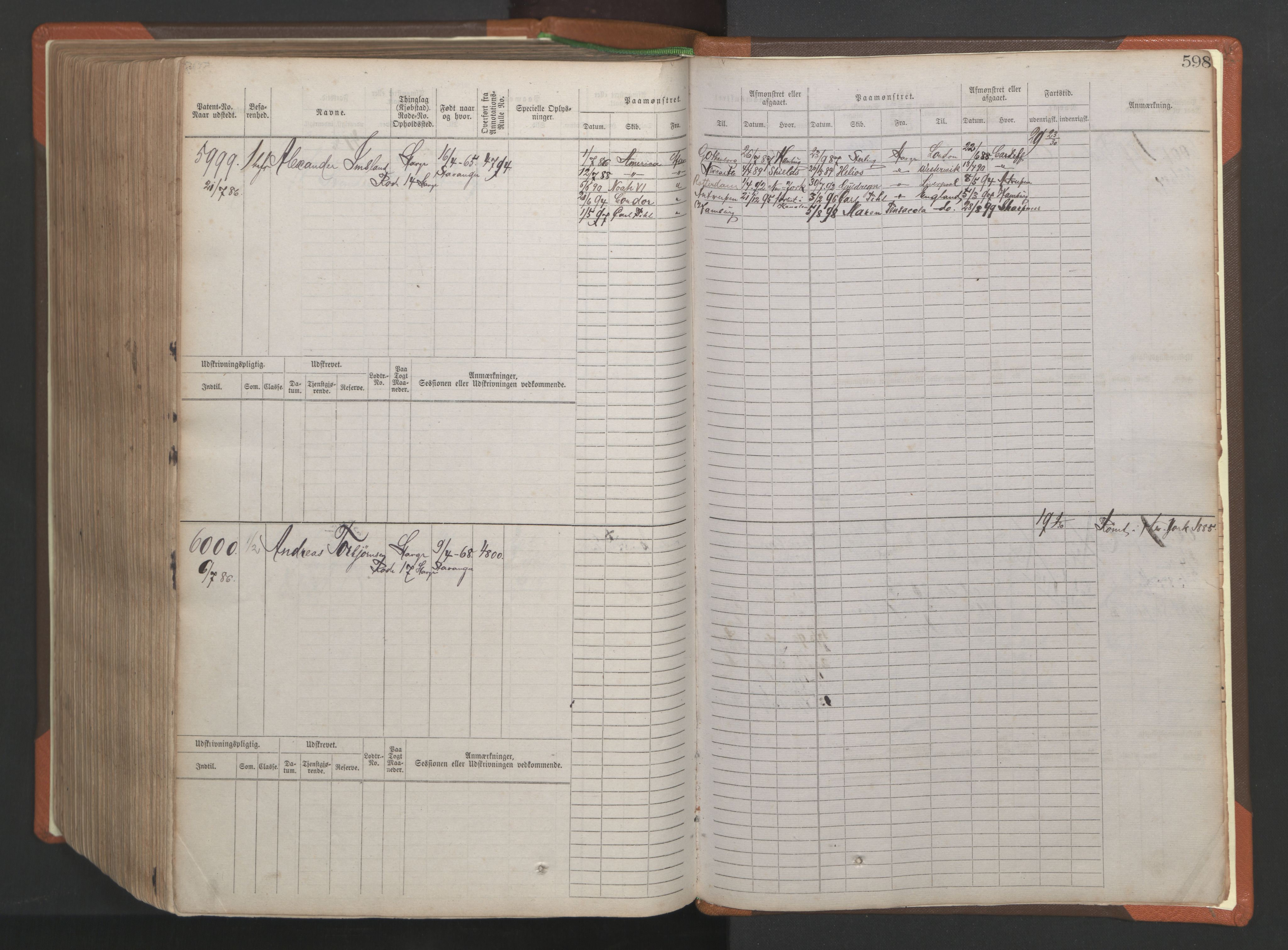 Stavanger sjømannskontor, AV/SAST-A-102006/F/Fb/Fbb/L0009: Sjøfartshovedrulle, patentnr. 4805-6006, 1879-1887, s. 605