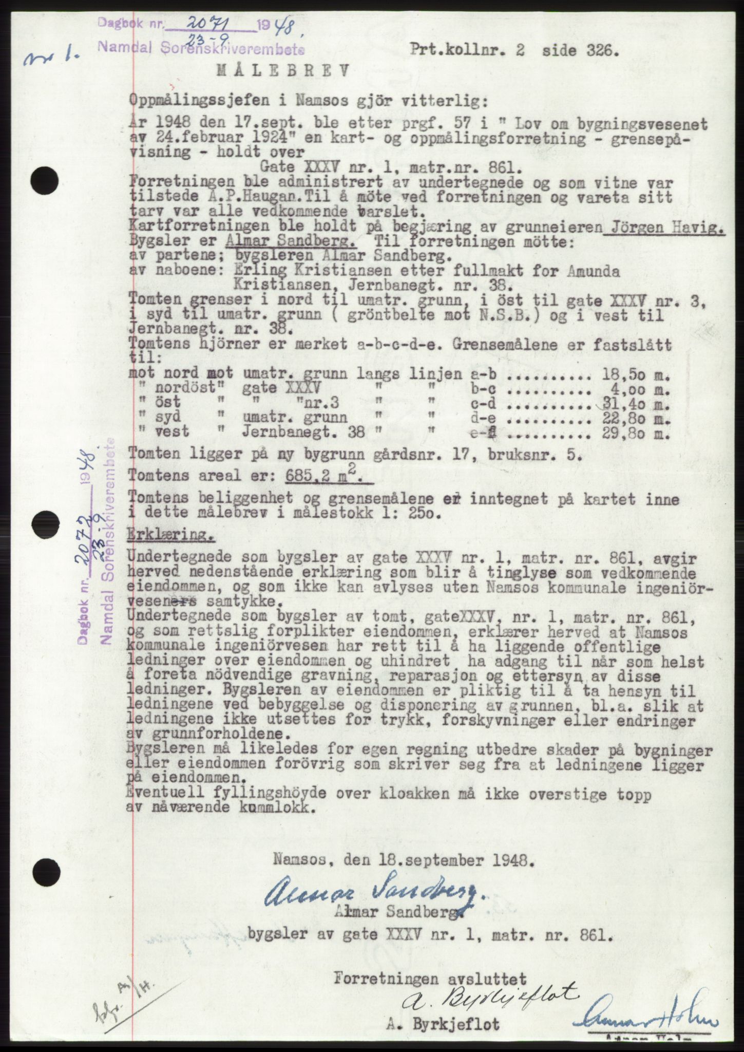 Namdal sorenskriveri, SAT/A-4133/1/2/2C: Pantebok nr. -, 1948-1948, Dagboknr: 2071/1948