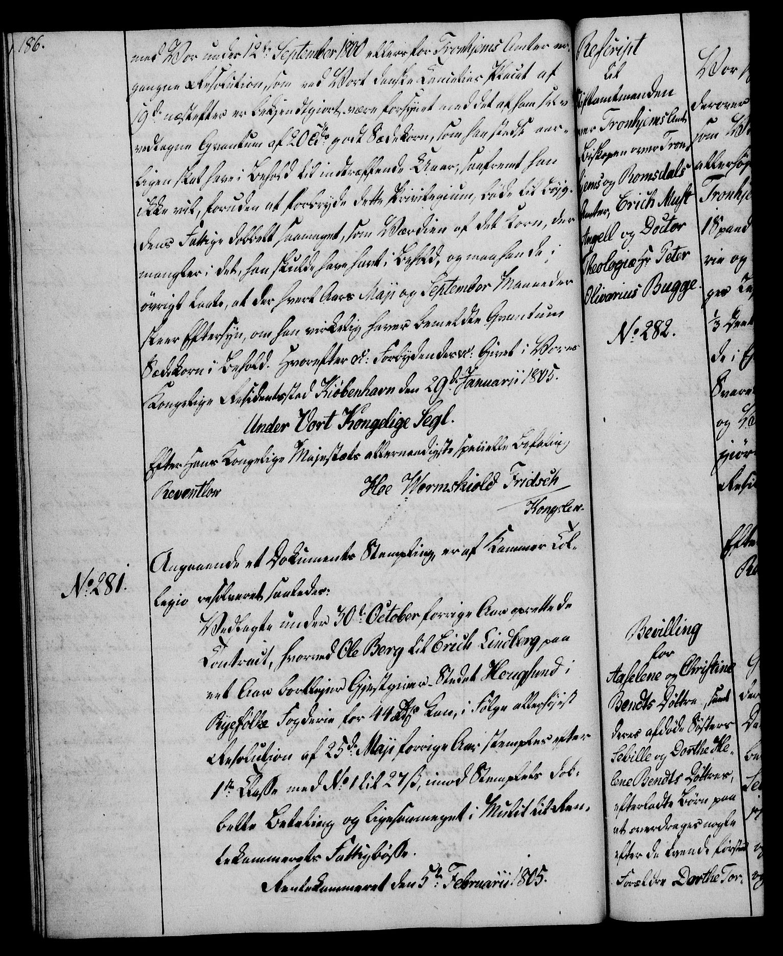 Rentekammeret, Kammerkanselliet, RA/EA-3111/G/Gg/Gga/L0018: Norsk ekspedisjonsprotokoll med register (merket RK 53.18), 1804-1806, s. 186