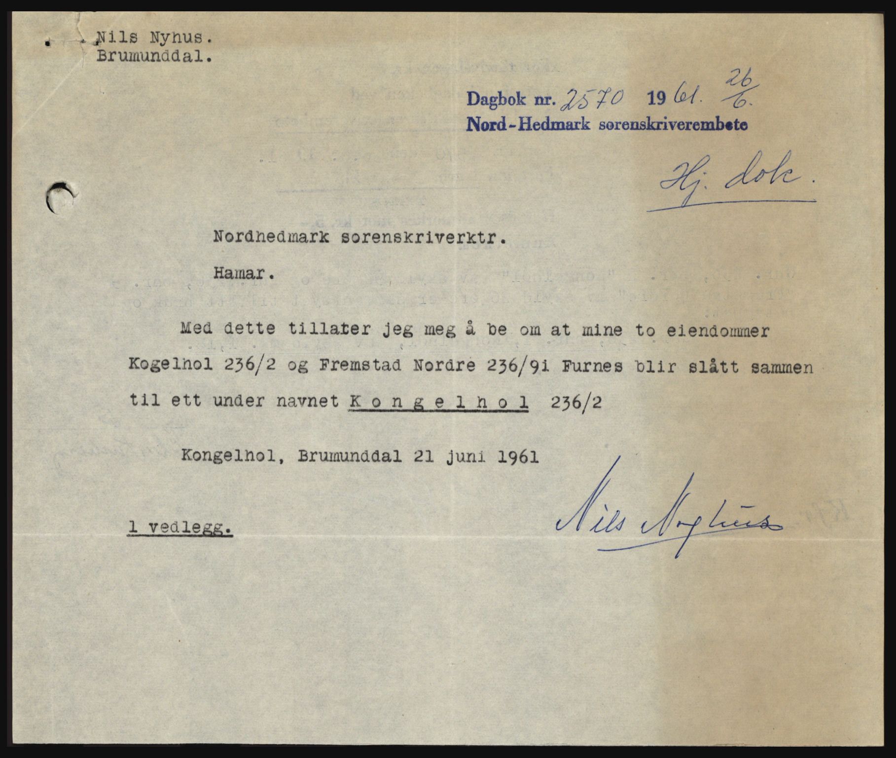 Nord-Hedmark sorenskriveri, SAH/TING-012/H/Hc/L0015: Pantebok nr. 15, 1961-1961, Dagboknr: 2570/1961