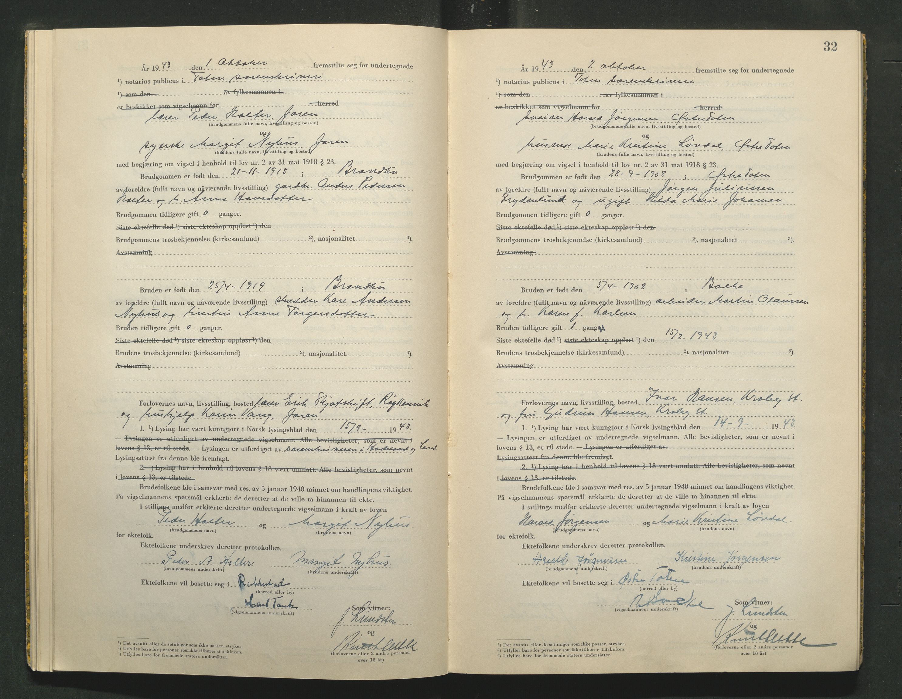 Toten tingrett, AV/SAH-TING-006/L/Lc/L0003: Vigselbok, 1943-1944, s. 32