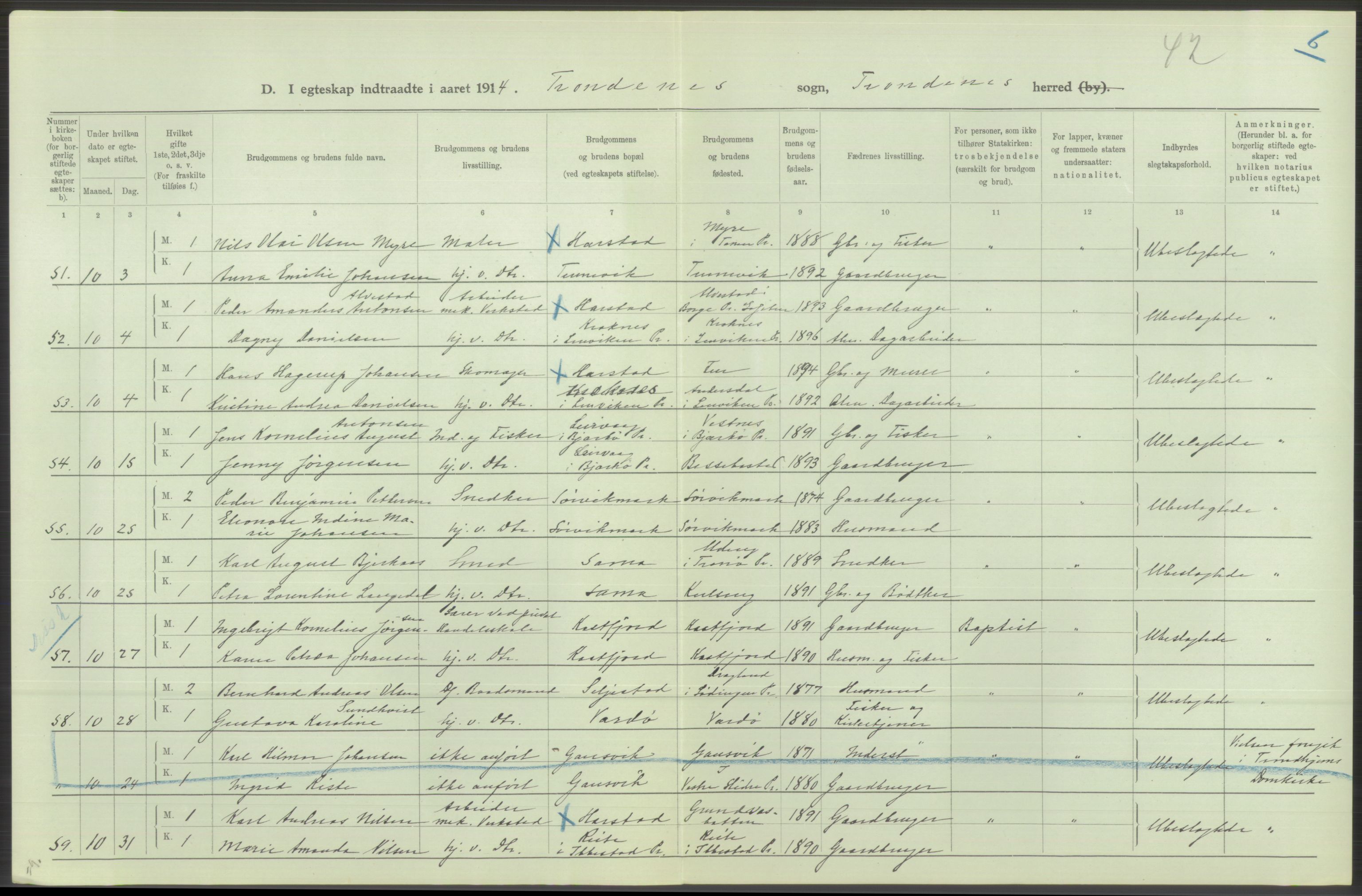 Statistisk sentralbyrå, Sosiodemografiske emner, Befolkning, AV/RA-S-2228/D/Df/Dfb/Dfbd/L0047: Tromsø amt: Gifte, døde, dødfødte. Bygder og byer., 1914, s. 56