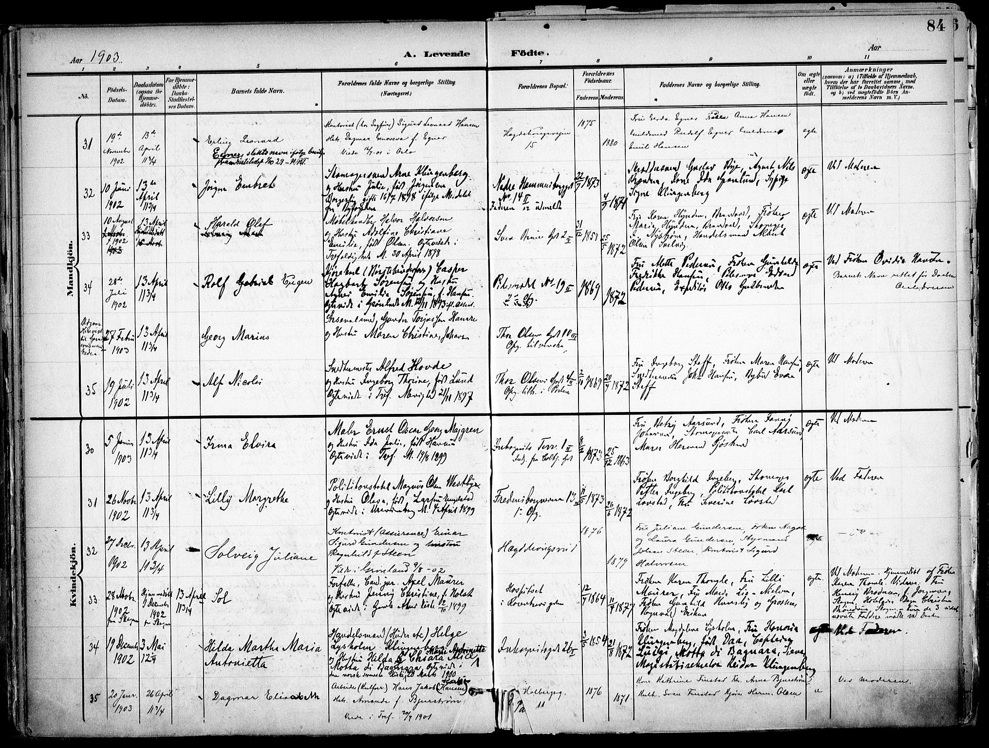 Trefoldighet prestekontor Kirkebøker, AV/SAO-A-10882/F/Fa/L0007: Ministerialbok nr. I 7, 1900-1914, s. 84