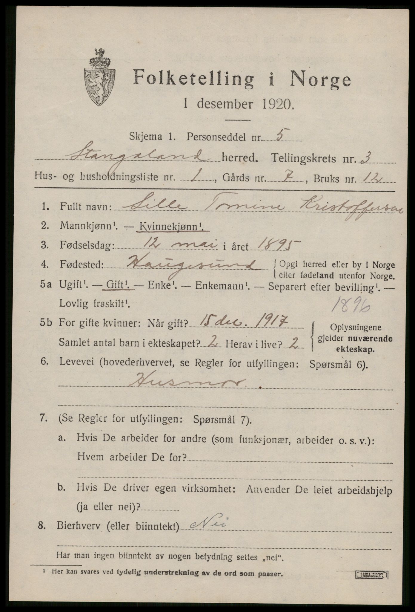 SAST, Folketelling 1920 for 1148 Stangaland herred, 1920, s. 2175