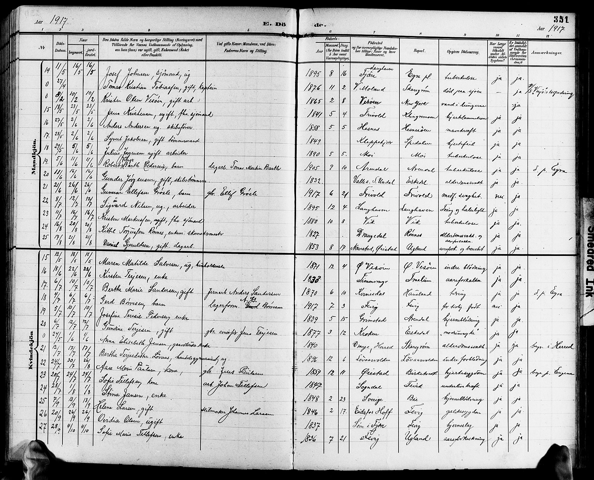 Fjære sokneprestkontor, AV/SAK-1111-0011/F/Fb/L0012: Klokkerbok nr. B 12, 1902-1925, s. 351