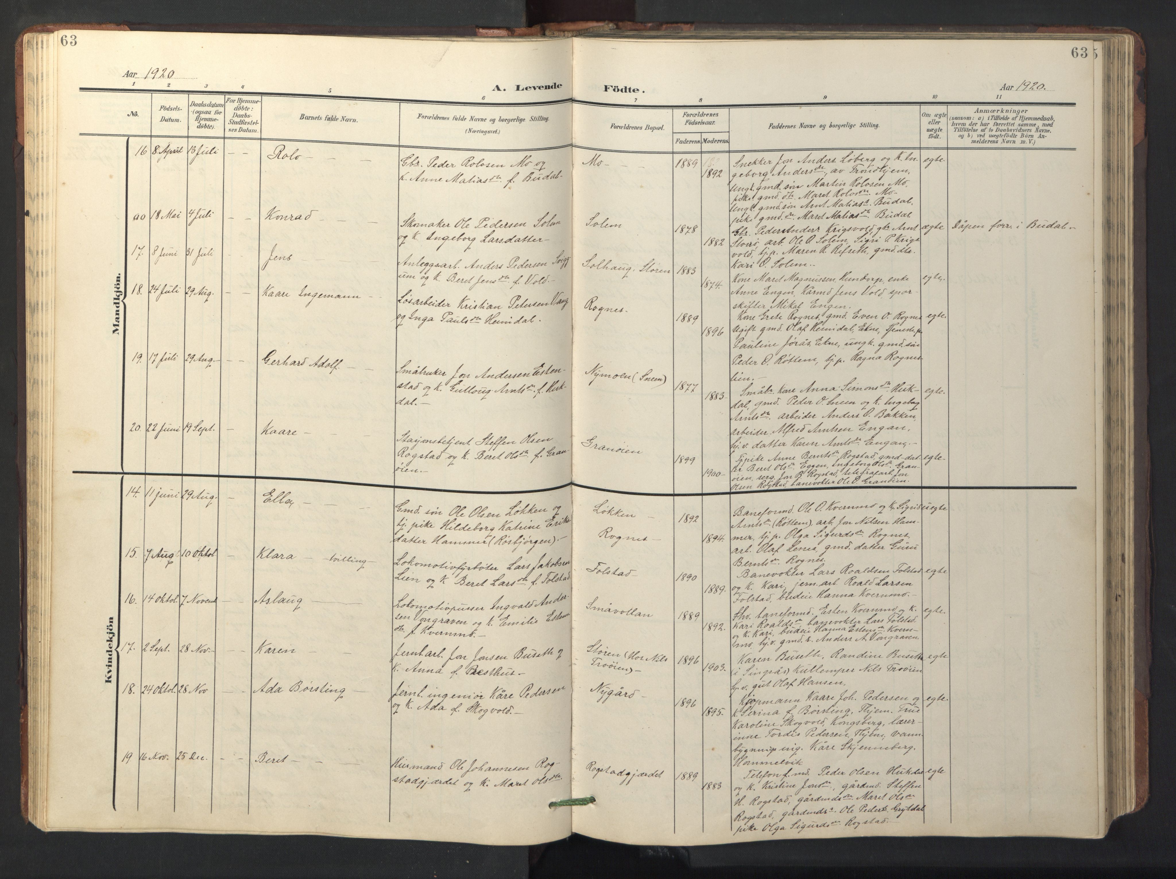 Ministerialprotokoller, klokkerbøker og fødselsregistre - Sør-Trøndelag, AV/SAT-A-1456/687/L1019: Klokkerbok nr. 687C03, 1904-1931, s. 63