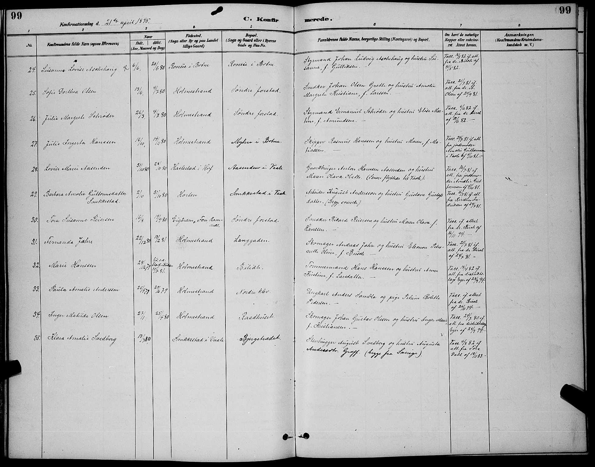Holmestrand kirkebøker, AV/SAKO-A-346/G/Ga/L0005: Klokkerbok nr. 5, 1889-1901, s. 99