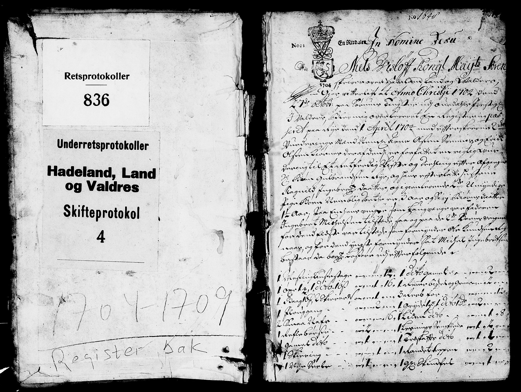 Hadeland, Land og Valdres sorenskriveri, AV/SAH-TING-028/J/Ja/L0004: Skifteprotokoll, 1704-1709
