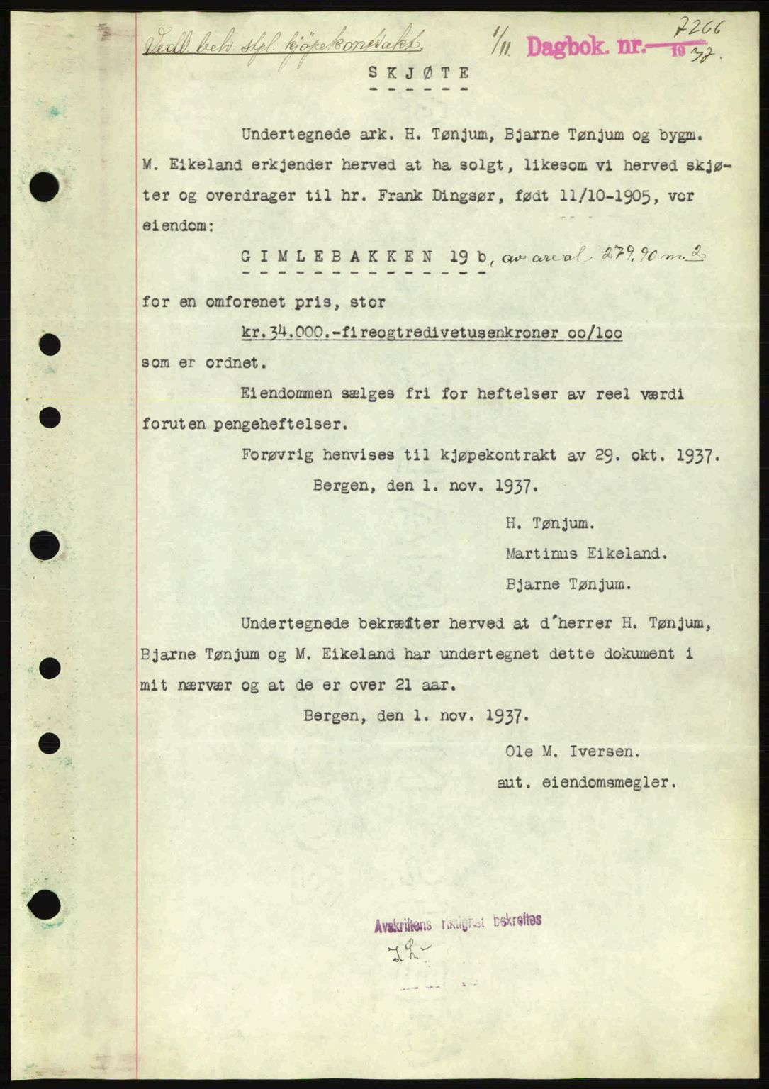 Byfogd og Byskriver i Bergen, SAB/A-3401/03/03Bc/L0006: Pantebok nr. A5, 1937-1938, Dagboknr: 7266/1937