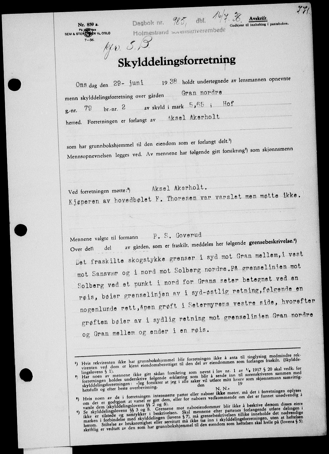 Holmestrand sorenskriveri, SAKO/A-67/G/Ga/Gaa/L0049: Pantebok nr. A-49, 1937-1938, Dagboknr: 985/1938