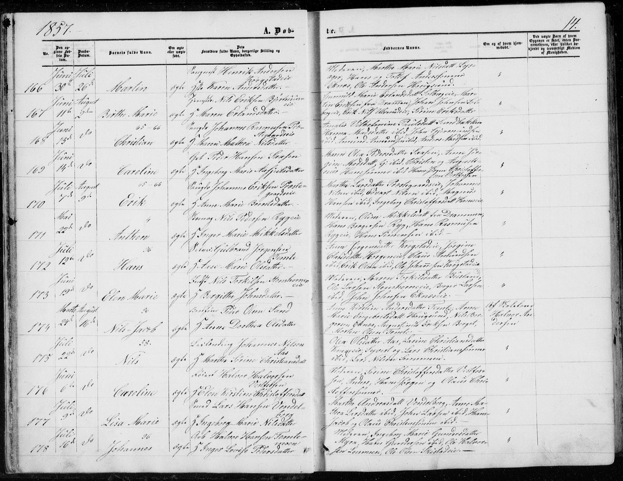 Eiker kirkebøker, AV/SAKO-A-4/G/Ga/L0003: Klokkerbok nr. I 3, 1856-1871, s. 14