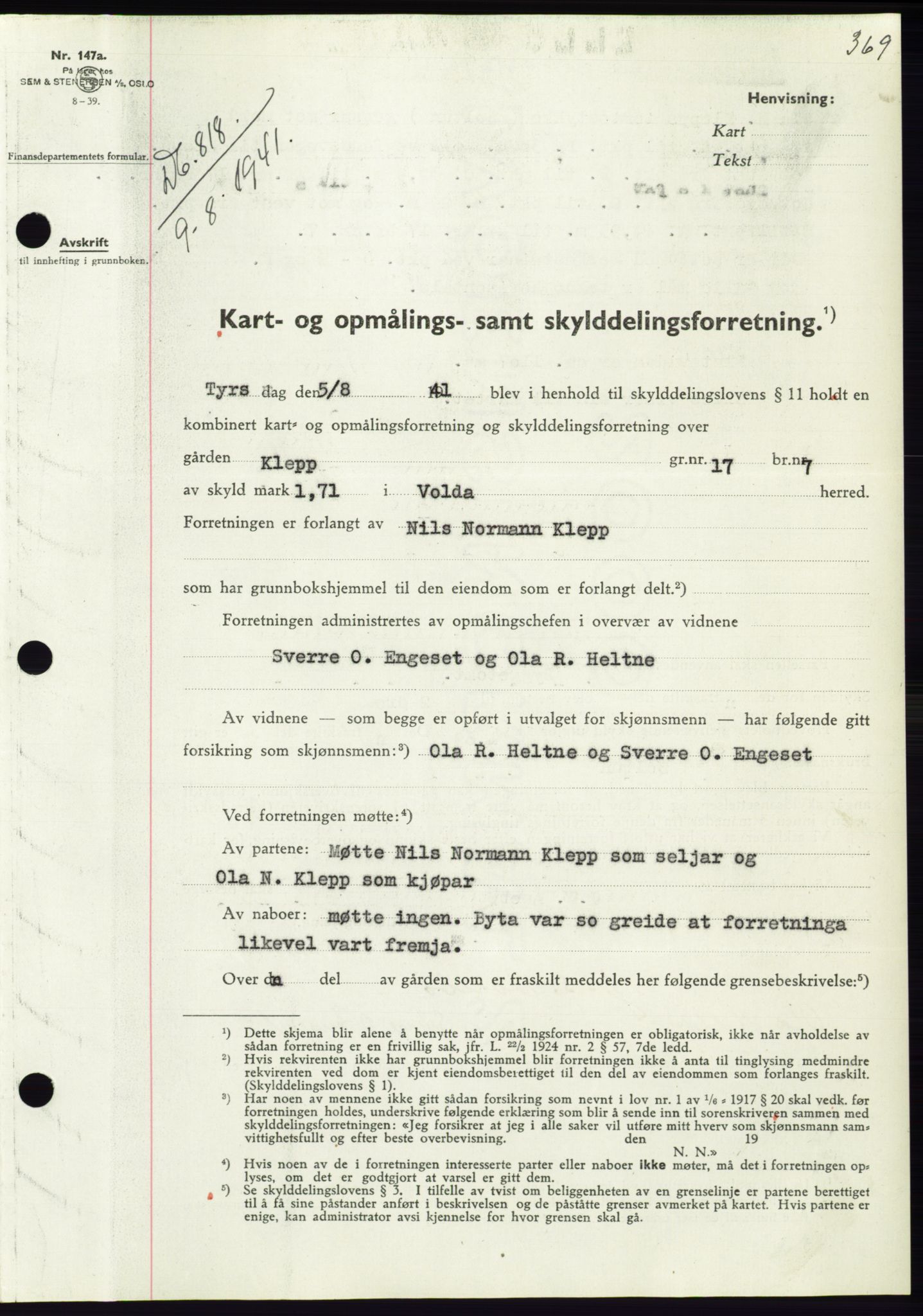 Søre Sunnmøre sorenskriveri, AV/SAT-A-4122/1/2/2C/L0071: Pantebok nr. 65, 1941-1941, Dagboknr: 818/1941