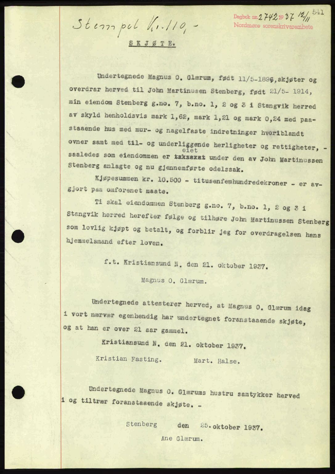Nordmøre sorenskriveri, SAT/A-4132/1/2/2Ca: Pantebok nr. A82, 1937-1938, Dagboknr: 2742/1937