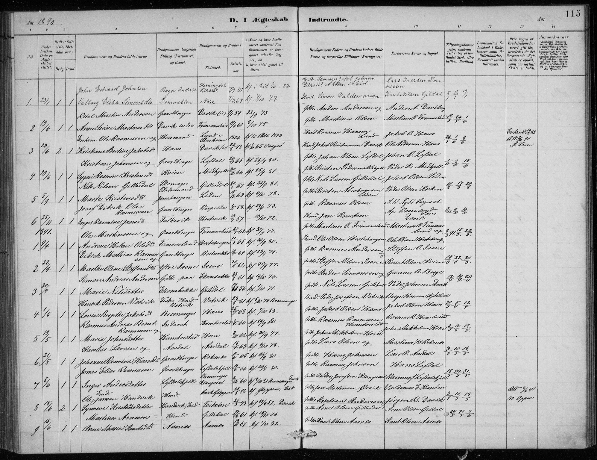 Davik sokneprestembete, AV/SAB-A-79701/H/Hab/Haba/L0002: Klokkerbok nr. A 2, 1890-1911, s. 115