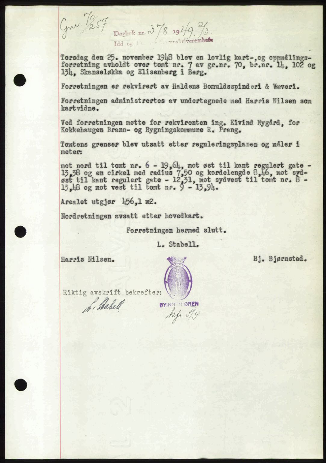 Idd og Marker sorenskriveri, SAO/A-10283/G/Gb/Gbb/L0011: Pantebok nr. A11, 1948-1949, Dagboknr: 378/1949