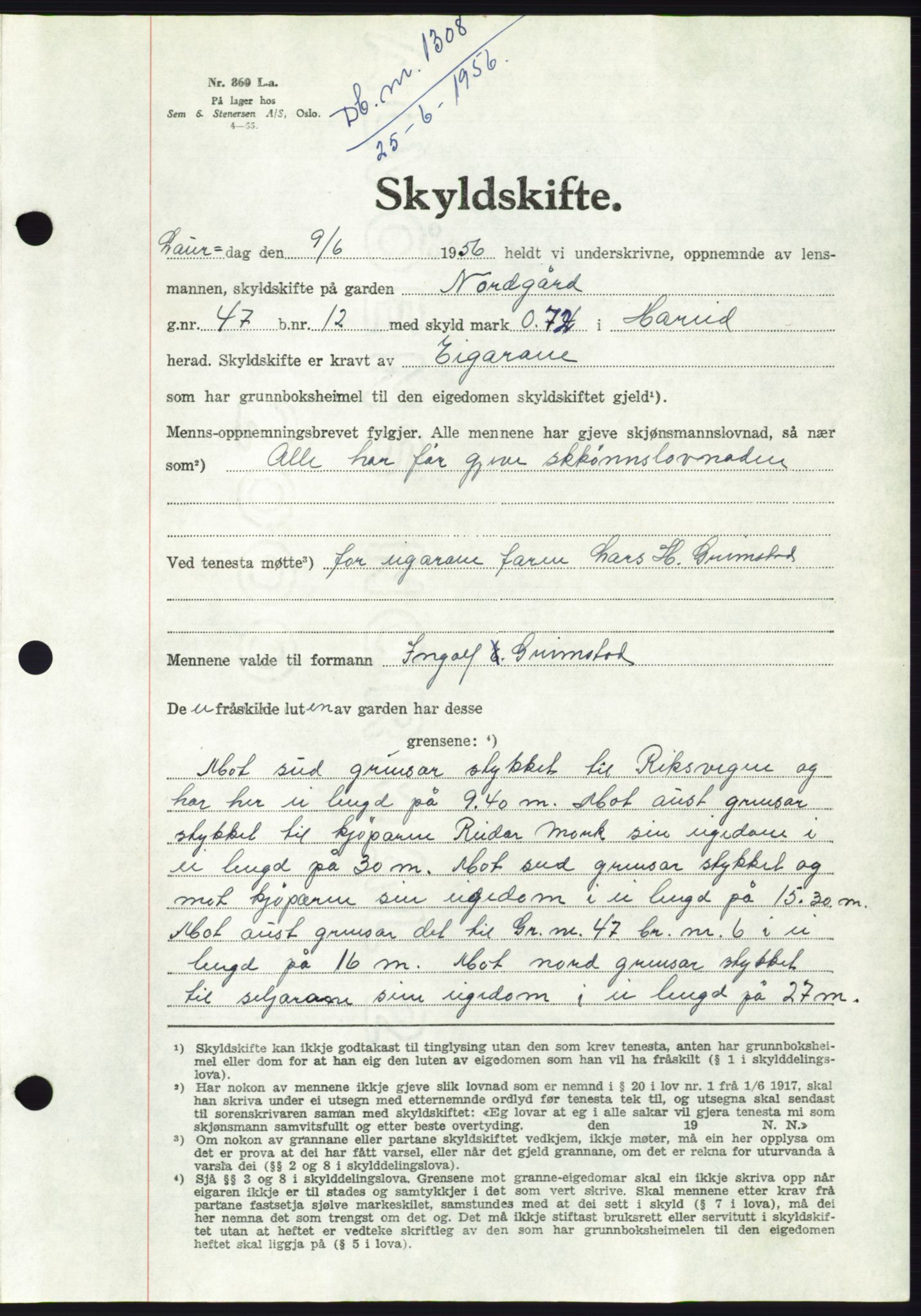 Søre Sunnmøre sorenskriveri, AV/SAT-A-4122/1/2/2C/L0104: Pantebok nr. 30A, 1956-1956, Dagboknr: 1308/1956