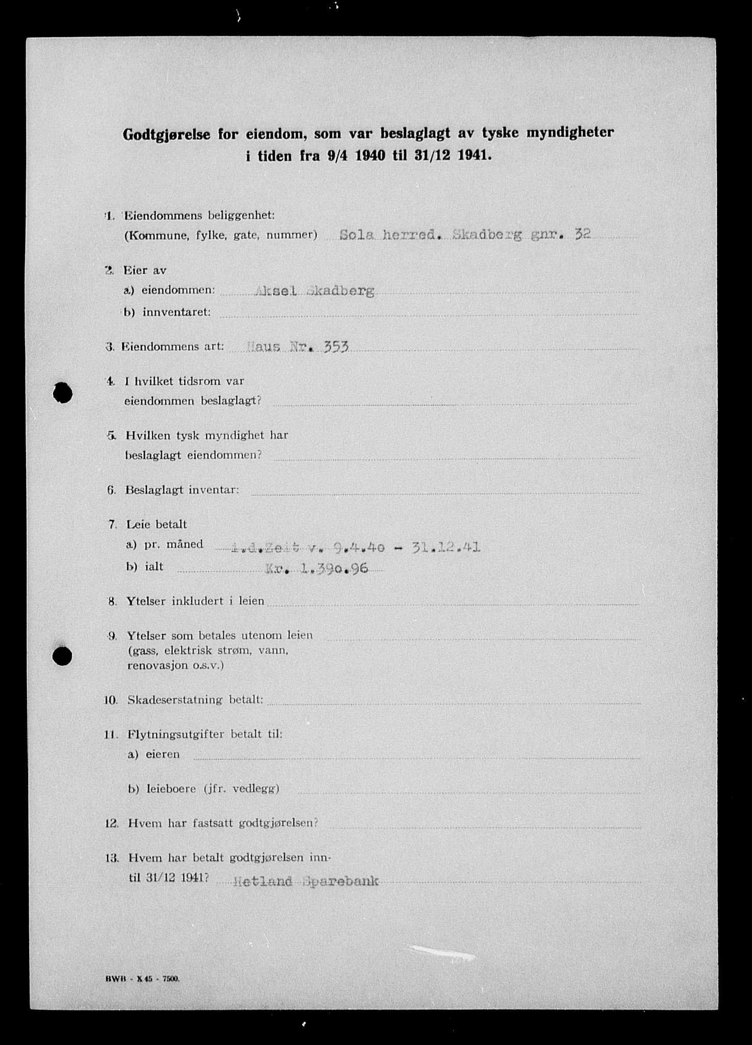 Justisdepartementet, Tilbakeføringskontoret for inndratte formuer, AV/RA-S-1564/I/L1015: Godtgjørelse for beslaglagt eiendom, 1940-1941, s. 161