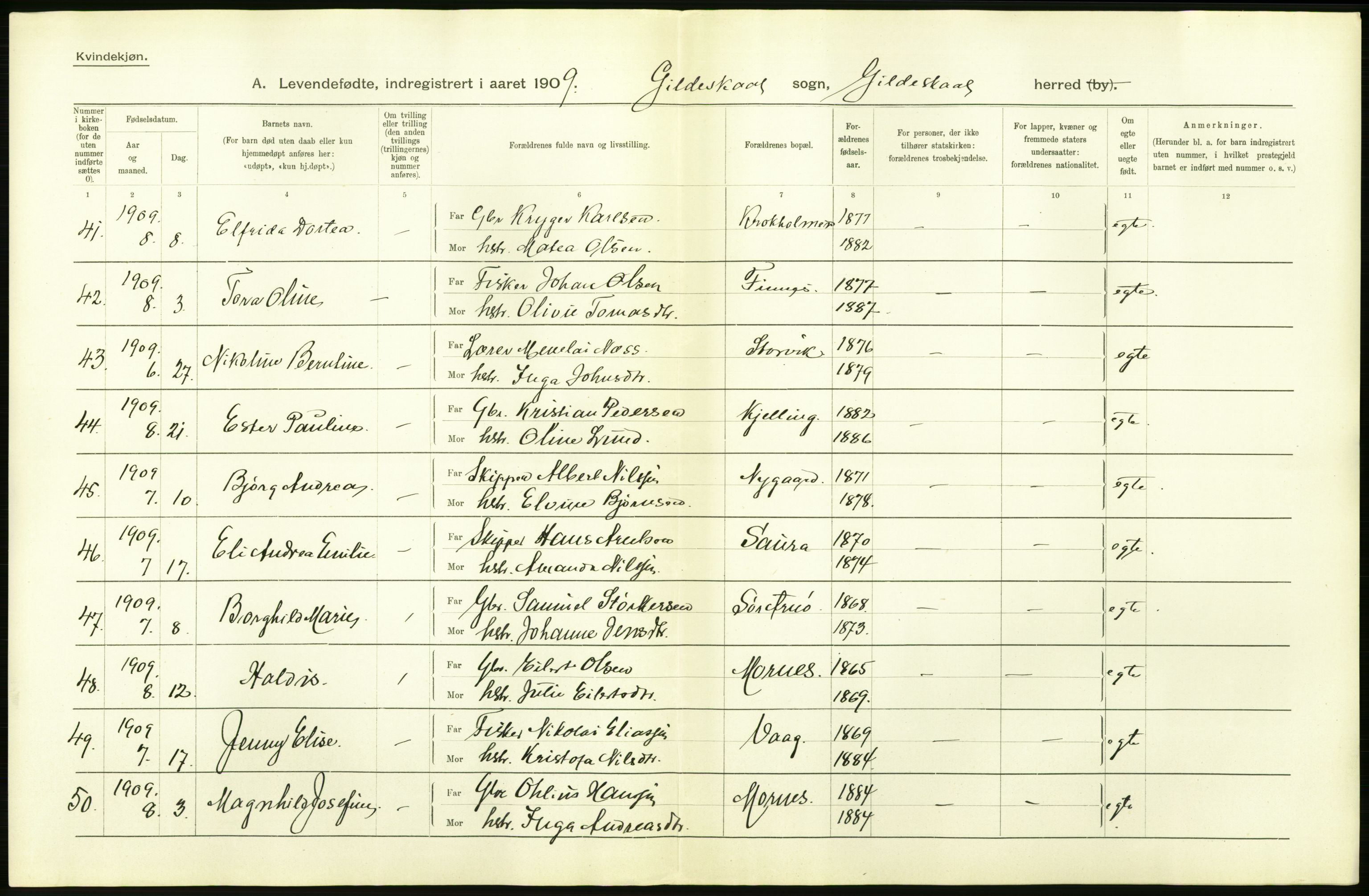 Statistisk sentralbyrå, Sosiodemografiske emner, Befolkning, AV/RA-S-2228/D/Df/Dfa/Dfag/L0044: Nordlands amt: Levendefødte menn og kvinner. Bygder., 1909, s. 20