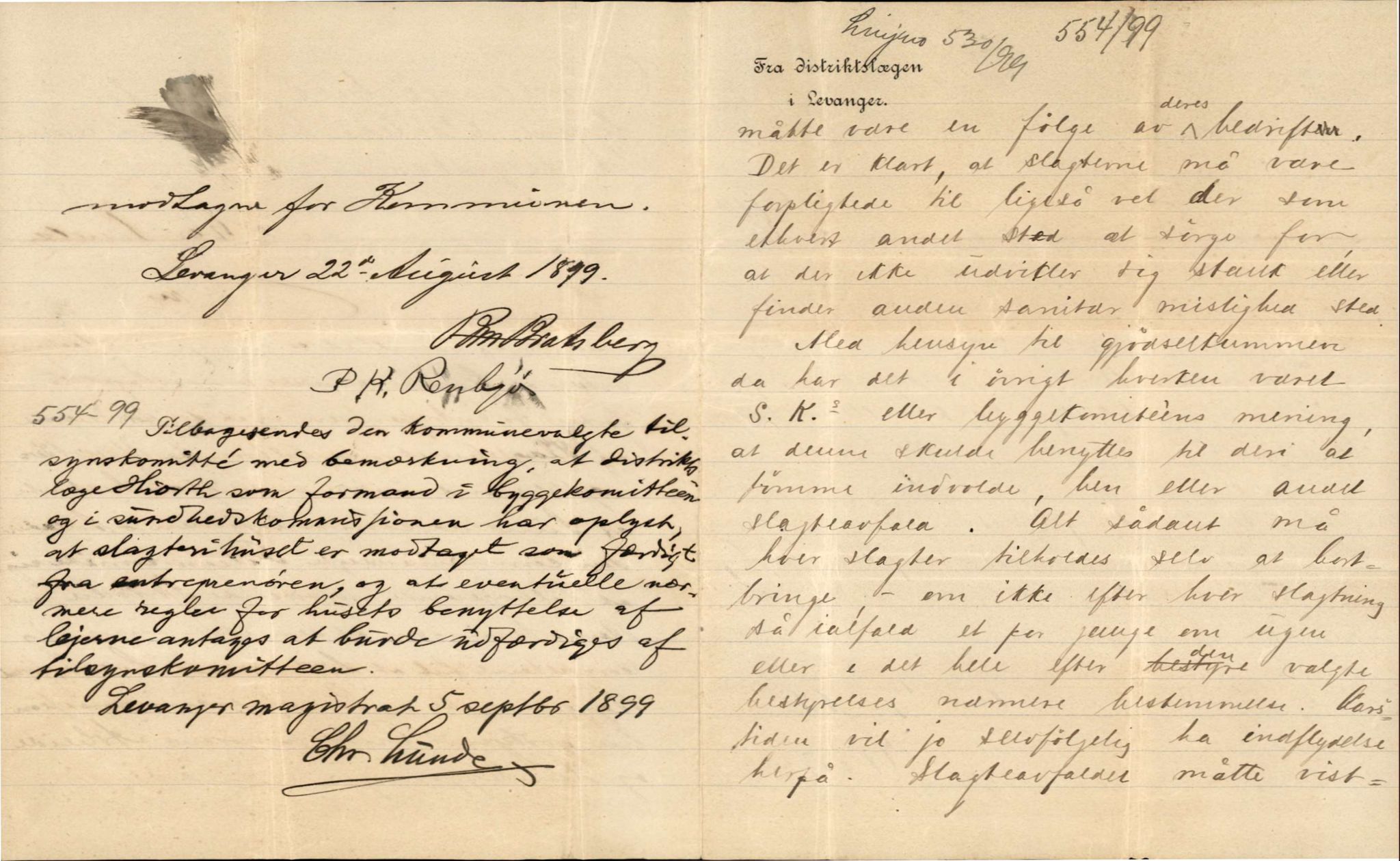 Bård Toldnes samling - lokalia fra Levanger, TIKA/PA-1549/F/L0010: Distriktslægen i Levanger - tilsyn med byens slagtehus, 1899