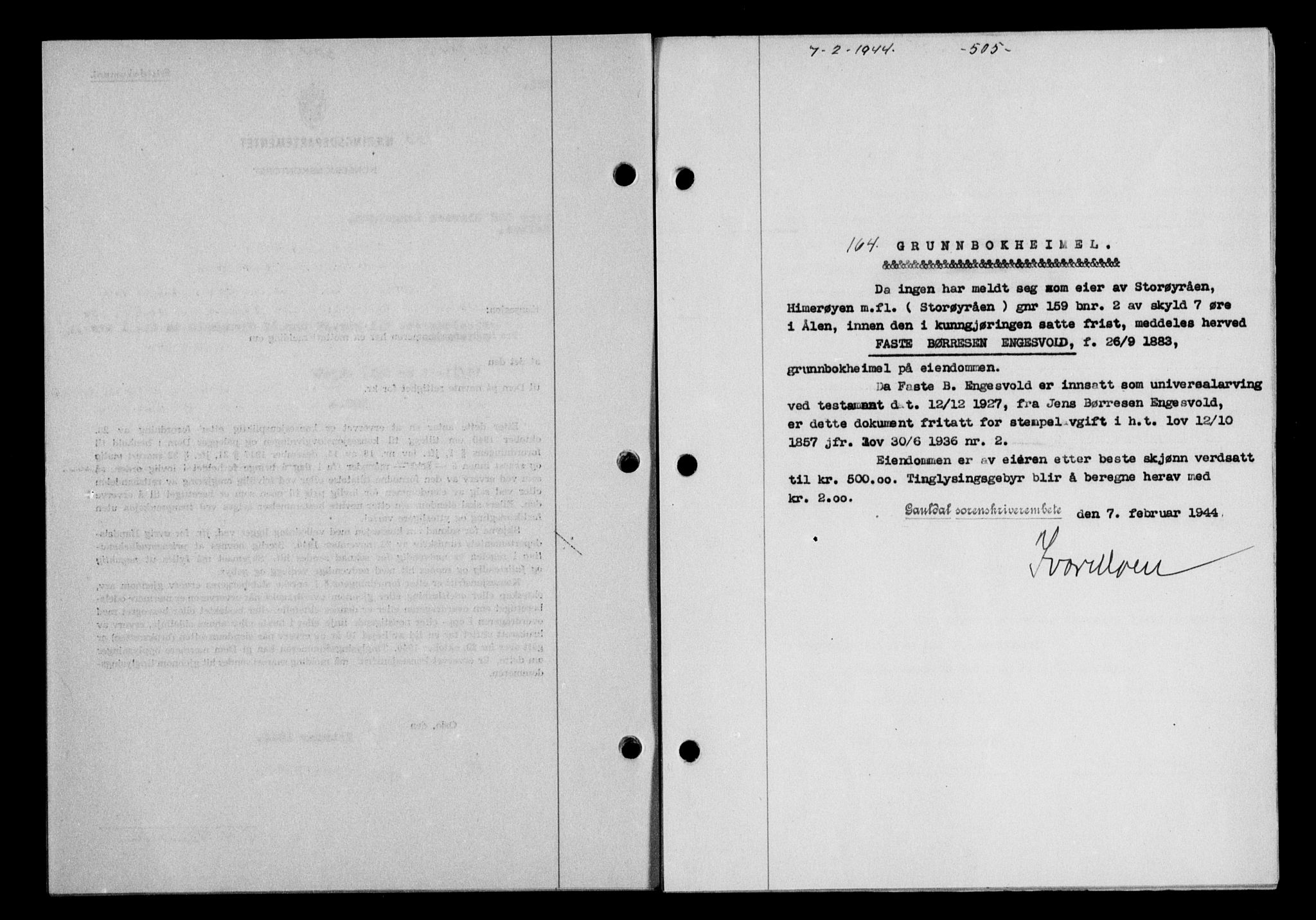 Gauldal sorenskriveri, SAT/A-0014/1/2/2C/L0057: Pantebok nr. 62, 1943-1944, Dagboknr: 164/1944