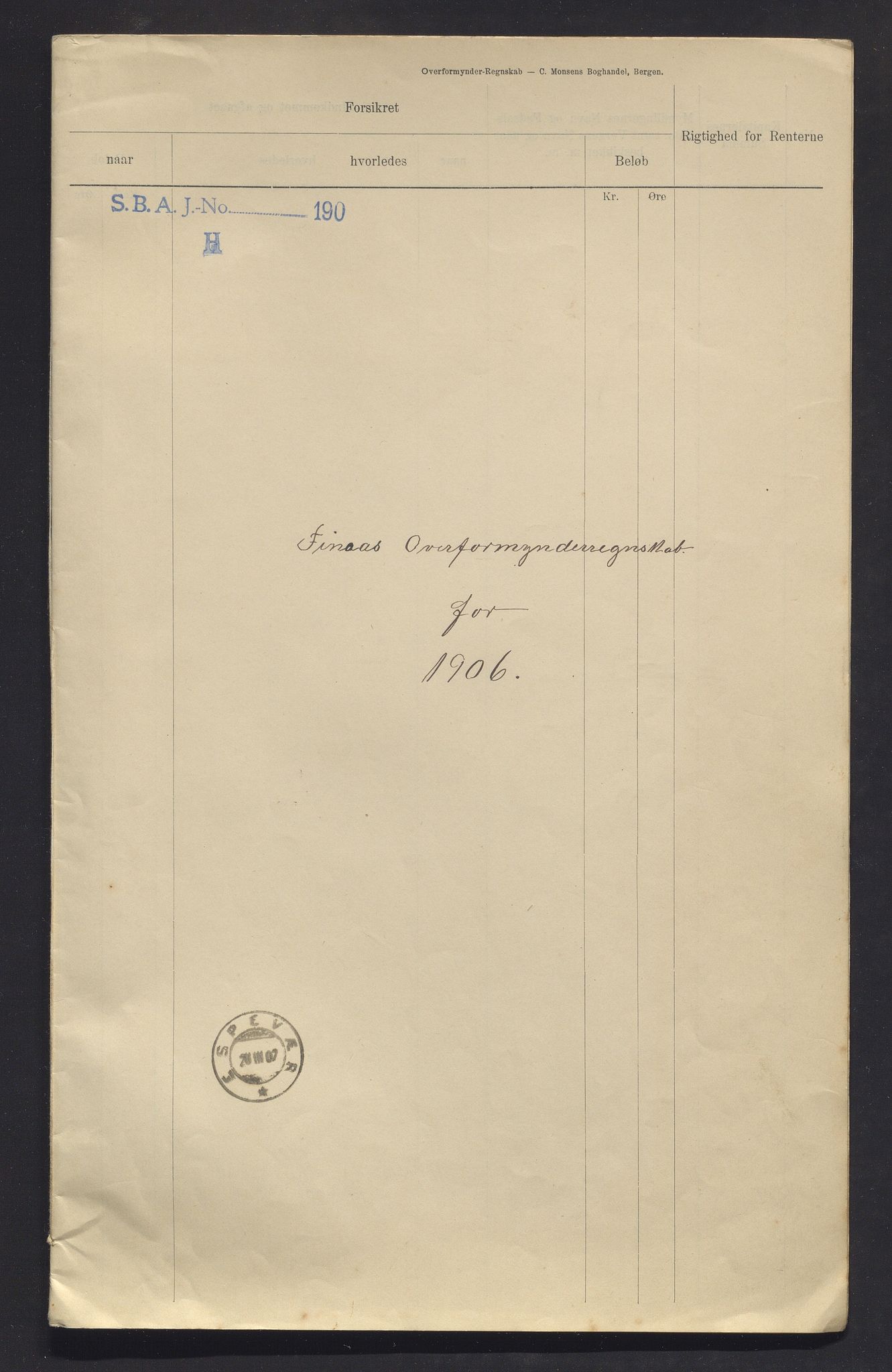 Finnaas kommune. Overformynderiet, IKAH/1218a-812/R/Ra/Raa/L0007/0006: Årlege rekneskap m/vedlegg / Årlege rekneskap m/vedlegg, 1906