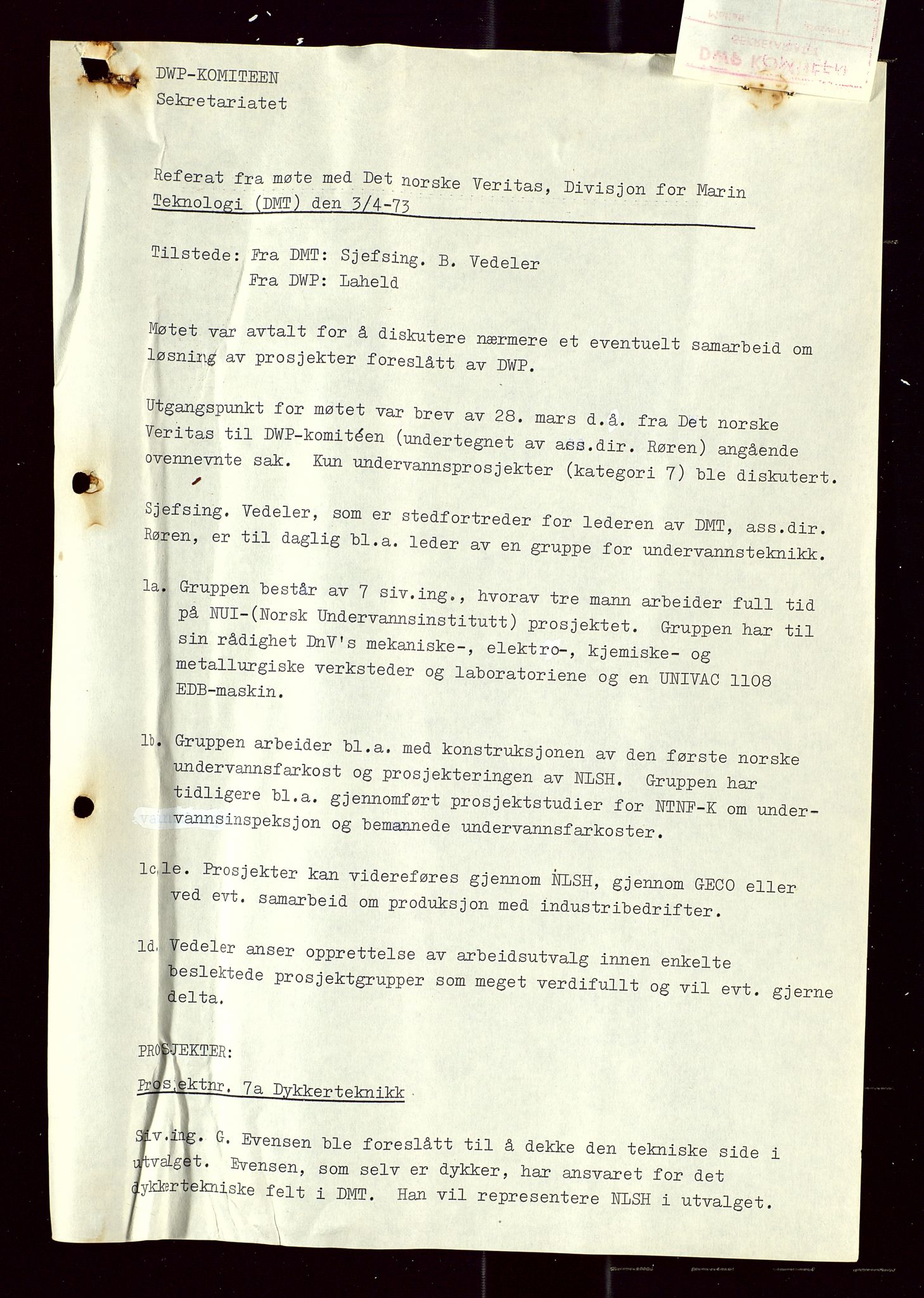 Industridepartementet, Oljekontoret, AV/SAST-A-101348/Di/L0005: DWP, 761 forskning/teknologi, 2 prot. DWP feasibility study, 1972-1975, s. 202