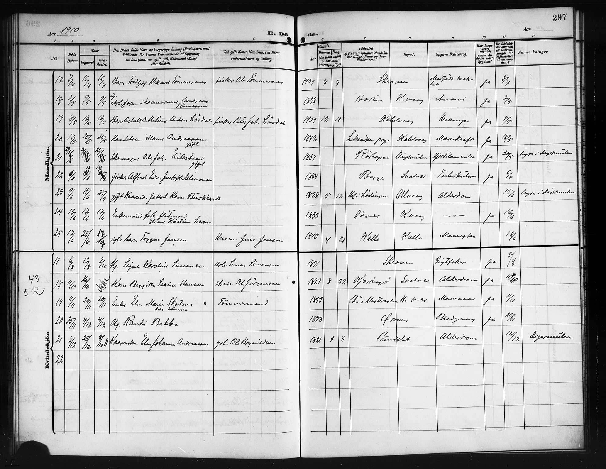 Ministerialprotokoller, klokkerbøker og fødselsregistre - Nordland, AV/SAT-A-1459/874/L1079: Klokkerbok nr. 874C08, 1907-1915, s. 297