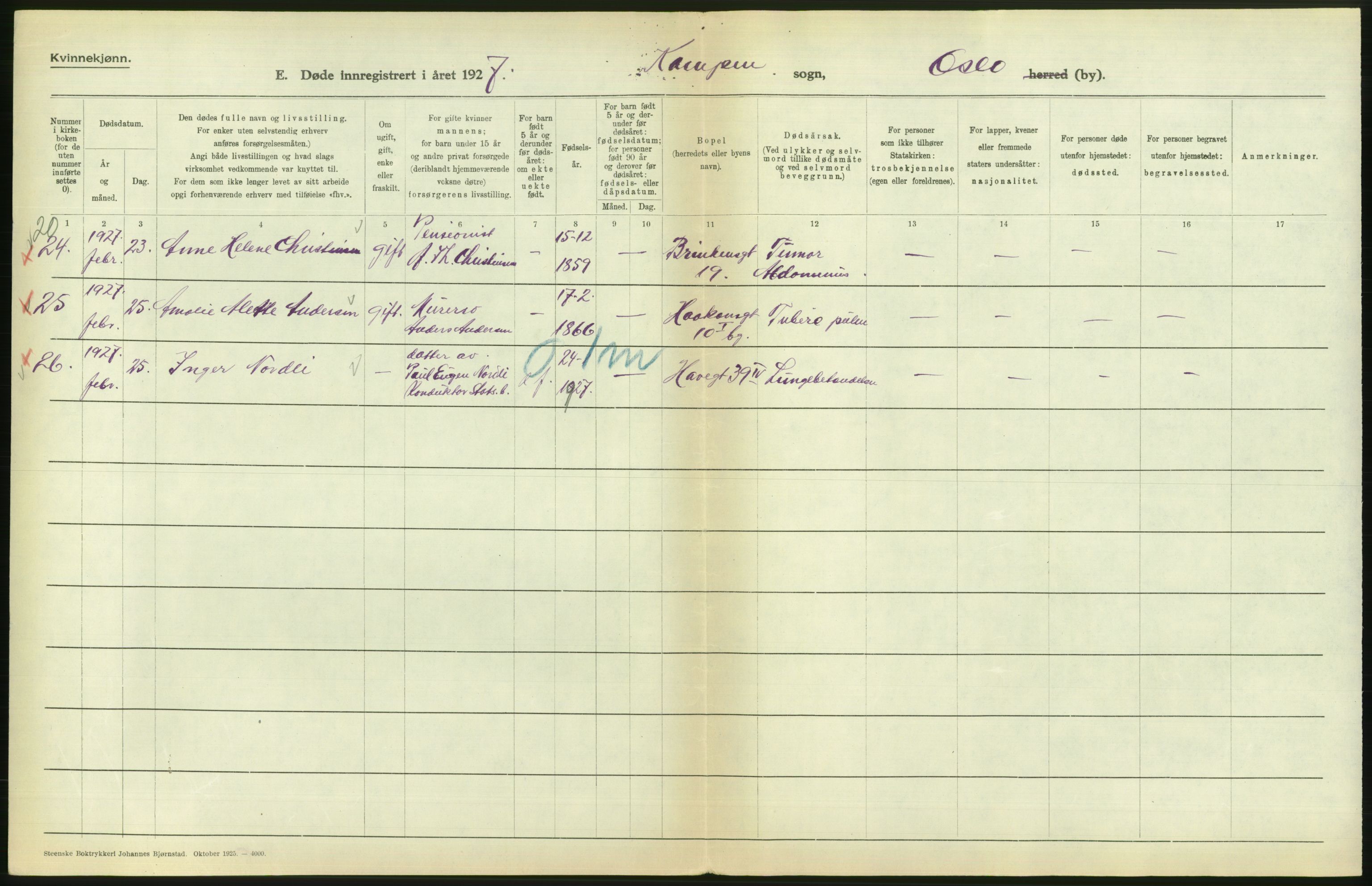 Statistisk sentralbyrå, Sosiodemografiske emner, Befolkning, AV/RA-S-2228/D/Df/Dfc/Dfcg/L0010: Oslo: Døde kvinner, dødfødte, 1927, s. 540