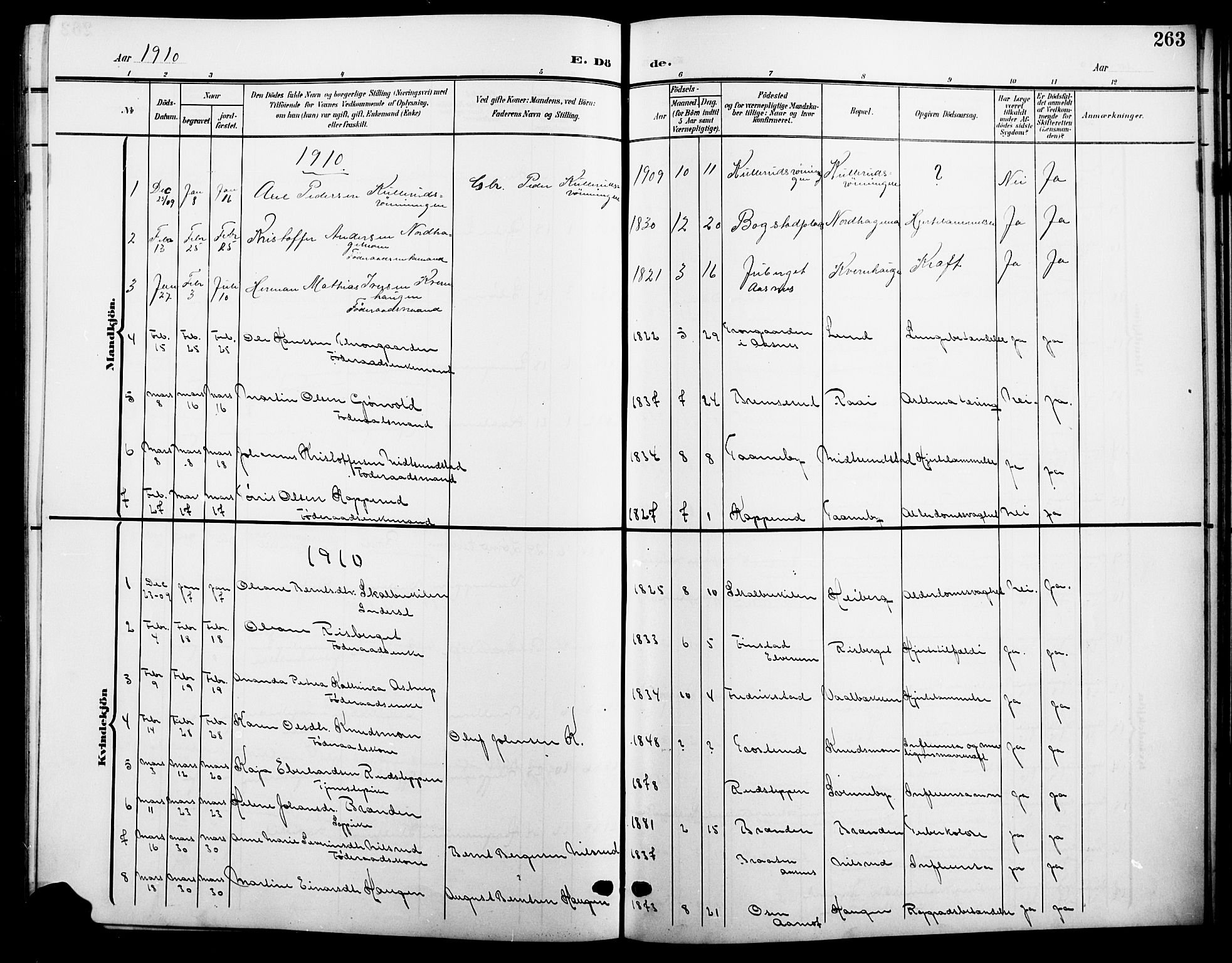 Våler prestekontor, Hedmark, AV/SAH-PREST-040/H/Ha/Hab/L0002: Klokkerbok nr. 2, 1905-1915, s. 263