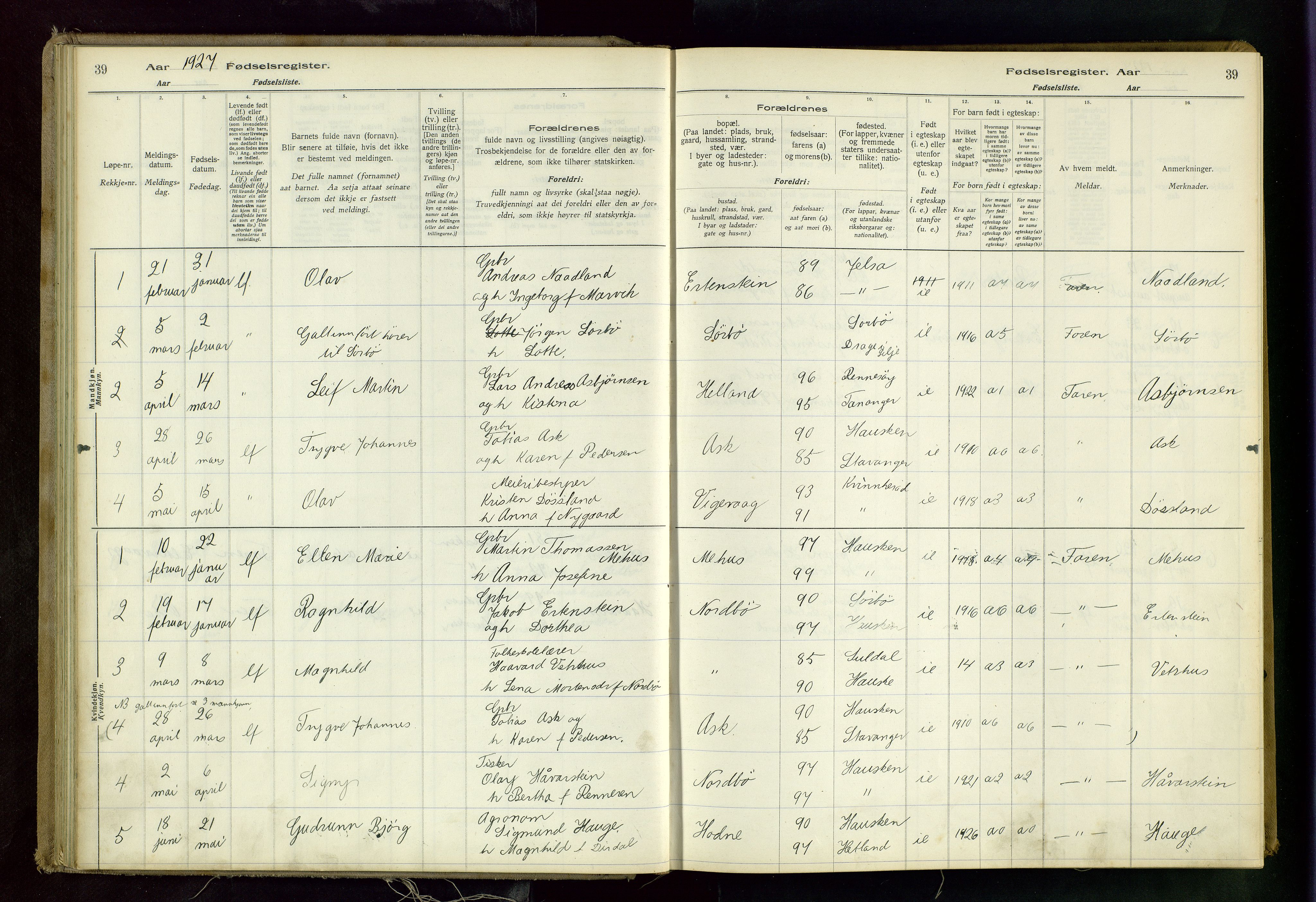 Rennesøy sokneprestkontor, SAST/A -101827/I/Id/L0001: Fødselsregister nr. 1, 1916-1982, s. 39